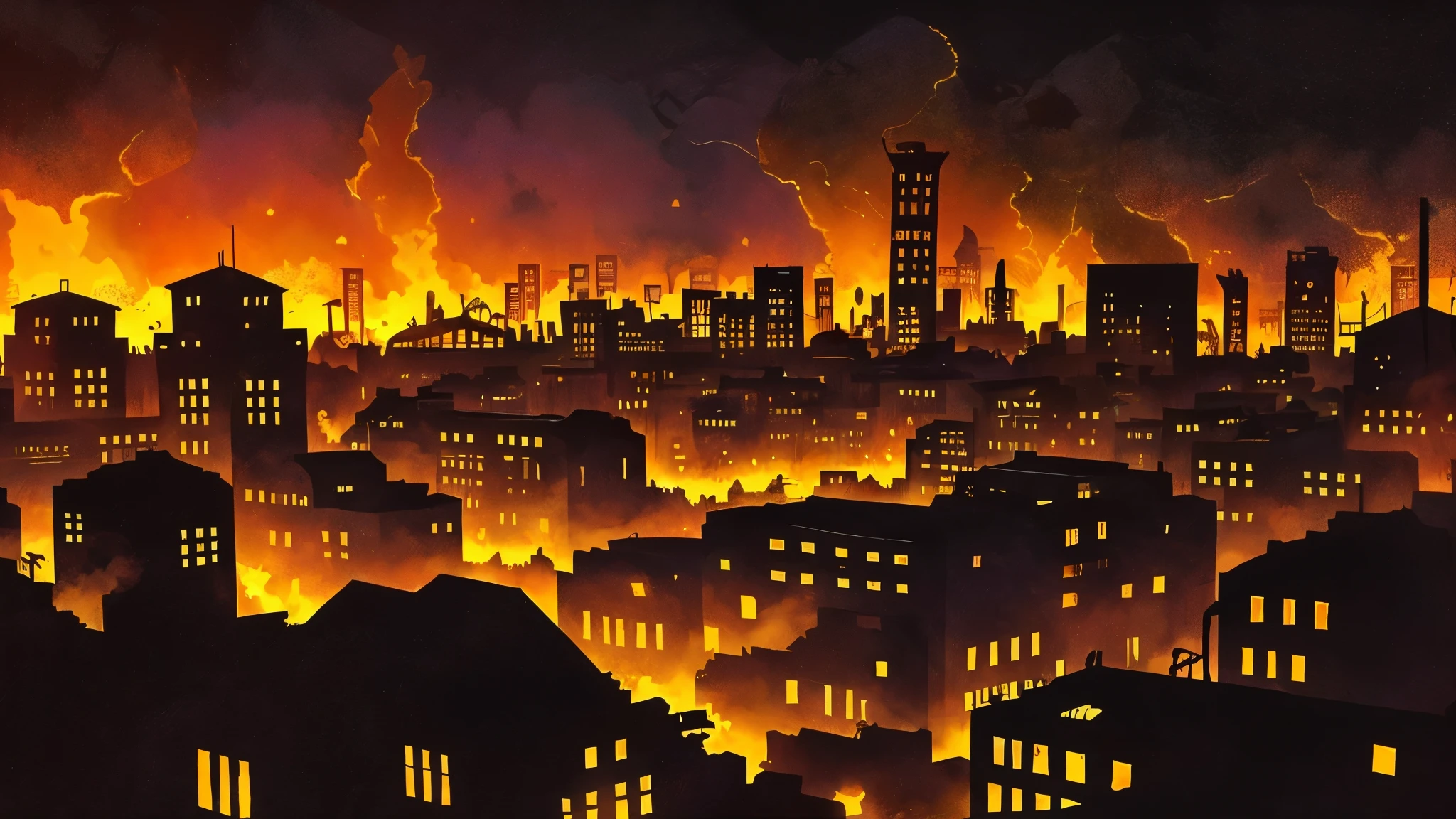 up close scene of ancient town of ruins, on fire, city destroyed, dark, post apocalyptic, artistic, city ruins in background, dark purples, reds, yellows, lots of active fire, abandoned town, burning, night time, really close up, in fire, gouache art style, painted, video game