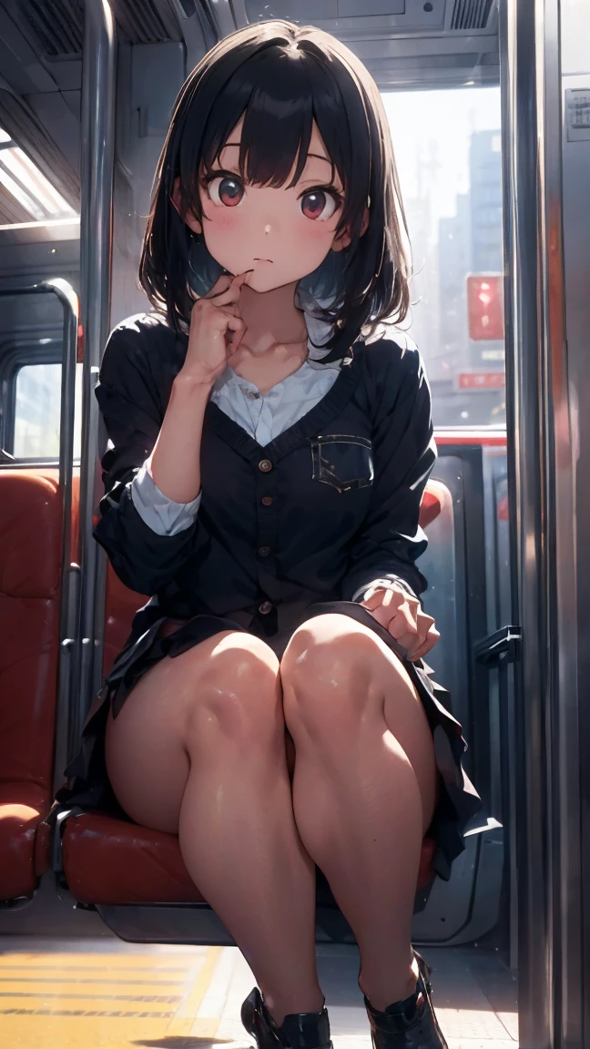 "(masterpiece, High resolution, Ultra High resolution, 4K) Black Hair, 14 year old Japanese girl, Uniform skirt,Cosplay 2B Nier , Accentuate your thighs, White thighs, Soft thighs, Glossy thighs, Sitting on a train, Facing angle, (Angle from below),sitting in a train seat,Sit in front,Zoom camera on crotch,Put your feet on the train floor,whole body,Looking down and sleepy,Watch only viewers", Highest quality, 超High resolution, (Realistic:1.4),, High resolution, detailed, RAW Photos, sharp, Nikon D850 film stock photo by Lee Jefferies 4 Kodak Portra 400 camera F1.6 Lenses、Rich colors、Ultra-realistic and lifelike textures、Dramatic lighting、Unreal Engine、Art Station Trends、Cinestar 800, Woman standing next to an alien-like creature, Human-animal hybrids, amazing, Human chimera, Human-like animals, cryptid core, cgsociety 9, Creepy mutant flesh creatures, Necromorph, centipede, junji ito's uzumaki, Snake Woman Hybrid, Creatures of Lovecraft, Quadrupedalal, Quadrupedal, Tudol