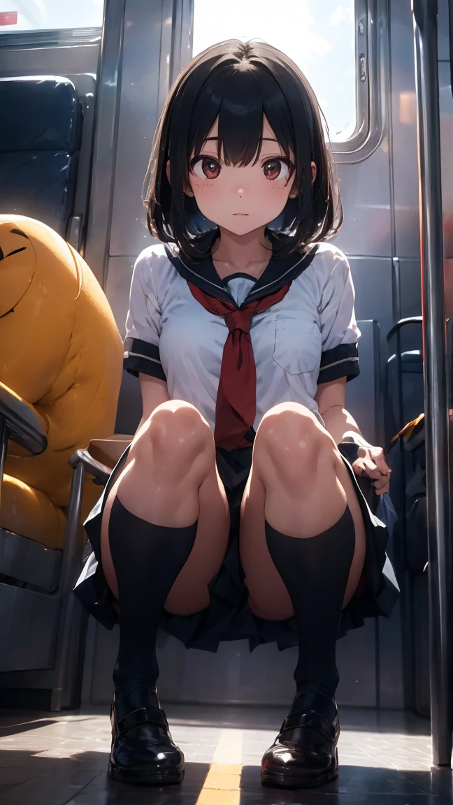 "(masterpiece, High resolution, Ultra High resolution, 4K) Black Hair, Japanese girl, Uniform skirt,Cosplay 2B Nier , Accentuate your thighs, White thighs, Soft thighs, Glossy thighs, Sitting on a train, Facing angle, (Angle from below),sitting in a train seat,Sit in front,Zoom camera on crotch,Put your feet on the train floor,whole body,Looking down and sleepy,Watch only viewers", Highest quality, 超High resolution, (Realistic:1.4),, High resolution, detailed, RAW Photos, sharp, Nikon D850 film stock photo by Lee Jefferies 4 Kodak Portra 400 camera F1.6 Lenses、Rich colors、Ultra-realistic and lifelike textures、Dramatic lighting、Unreal Engine、Art Station Trends、Cinestar 800, Woman standing next to an alien-like creature, Human-animal hybrids, amazing, Human chimera, Human-like animals, cryptid core, cgsociety 9, Creepy mutant flesh creatures, Necromorph, centipede, junji ito's uzumaki, Snake Woman Hybrid, Creatures of Lovecraft, Quadrupedalal, Quadrupedal, Tudol