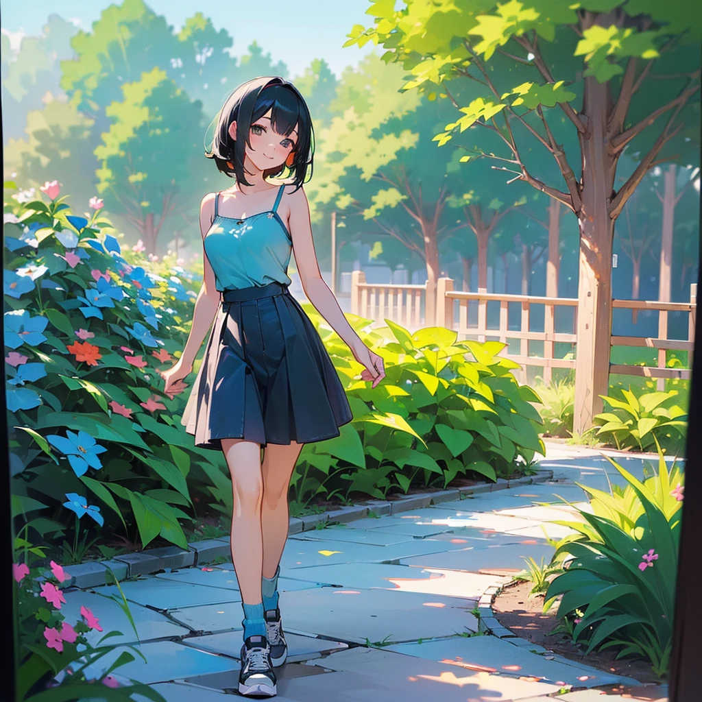 (high quality, High resolution, Very detailed, reality:1.37), Peaceful atmosphere, (Outdoor, garden), age girl standing alone, (my breasts are big.), Beautiful details, Cute Smile, (Black bob hair), camisole, Denim skirt, Blue socks, sneakers.