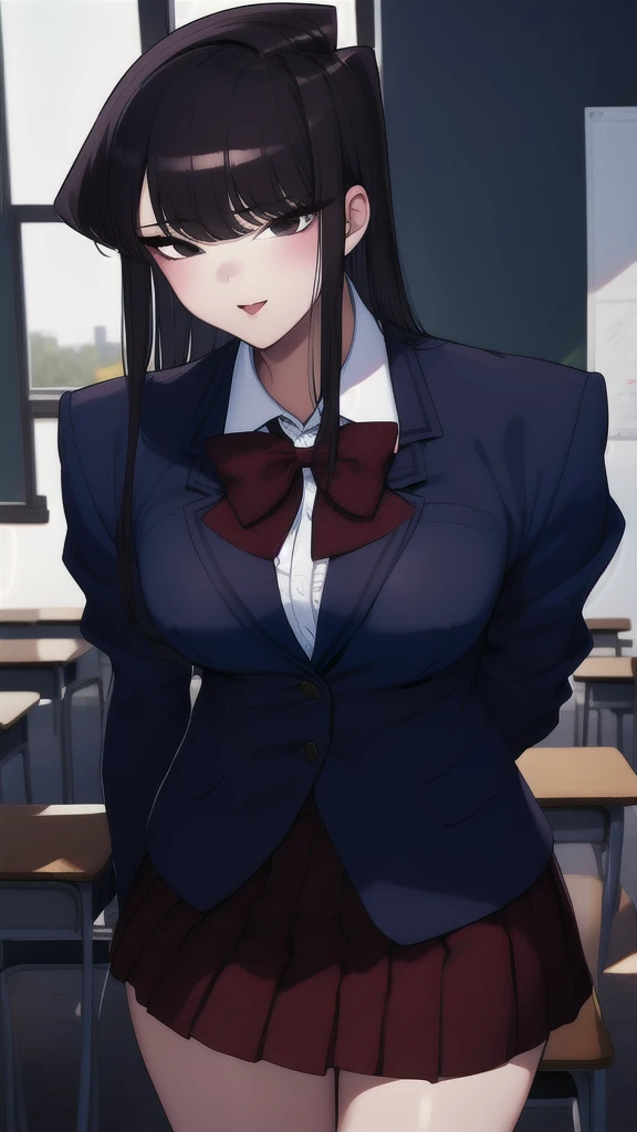 1girl, cowboy shot, classroom,
komi_shouko, black eyes, black hair, long hair, , red bowtie, jacket, blazer, long sleeves, striped, pleated skirt, red skirt, black pantyhose, best quality, masterpiece, highres, nude busty breasts , nude nipples showing, sexy