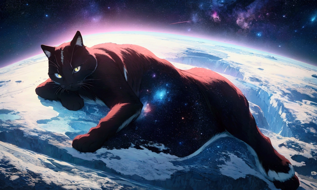 score_9,(best quality,4k,8k,highres,masterpiece:1.2),space,globe,a gigantic cat lying on the north pole, stars, cinematic angle, anime, ultra-detailed,vivid colors,