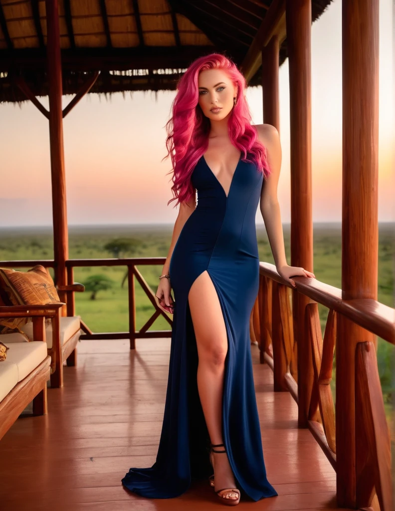 Very attractive 25 year old caucasian female with long wavy bright pink hair, wearing a tight long navy terra cotta dress slit up leg, standing on a veranda of a lodge in Tanzania at sunset, photo quality