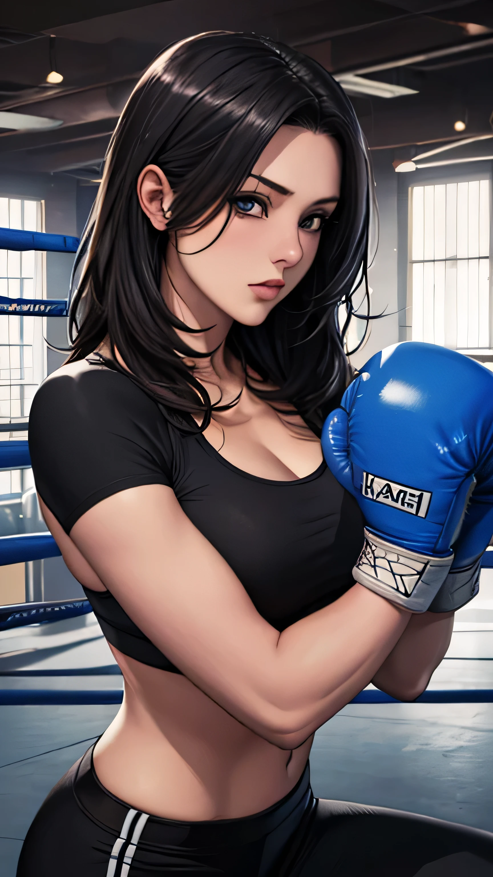  2D anime picture,  manga style, single female arrogant boxer, 20 years old, sadistic, Japanese, beautiful black hairstyle, в сексуальном боксёрском наряде with blue rose imagine on sport bra, in short skirt with shorts, in boxing gloves, stands near the boxing ring 