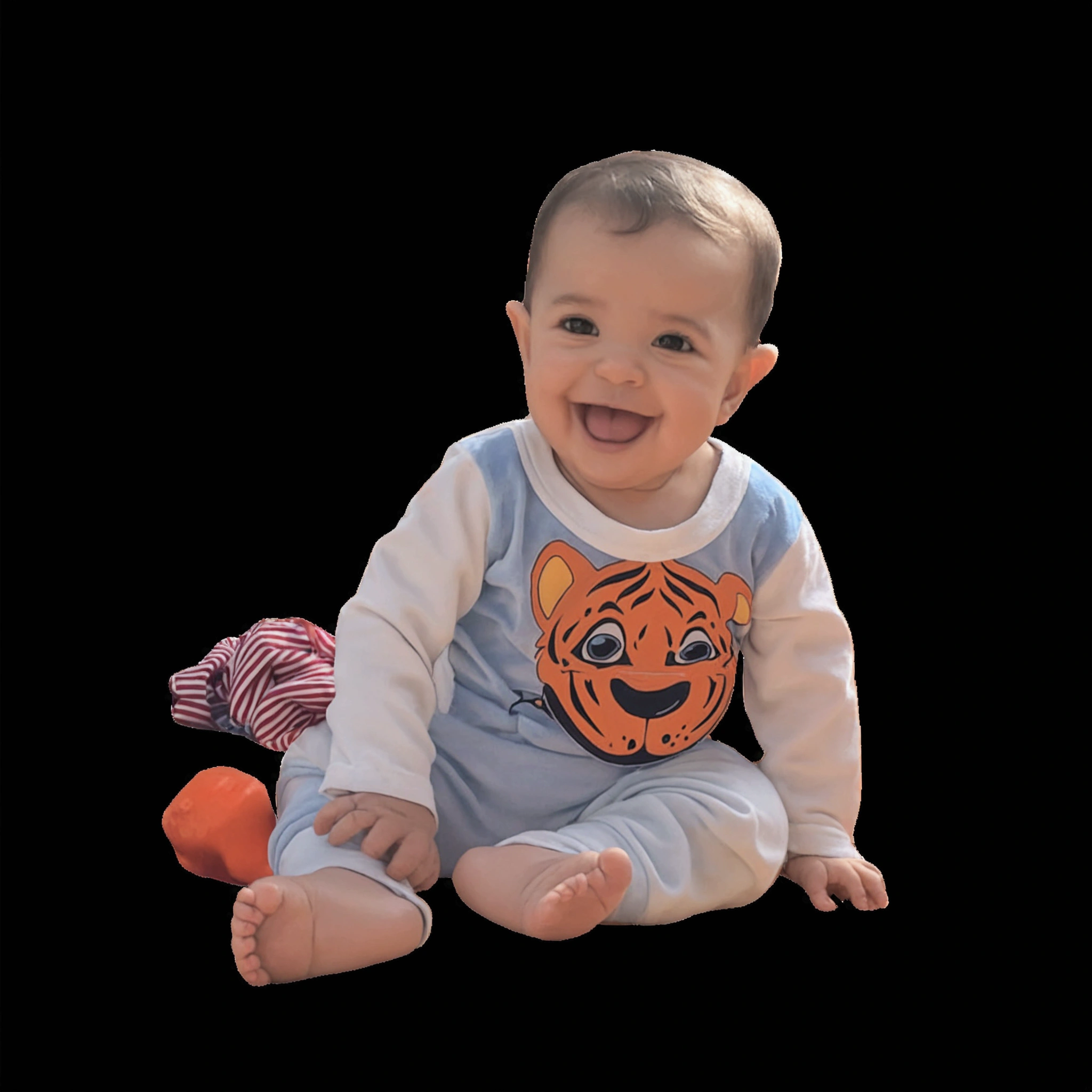 There's a baby sitting on the floor, em fundo transparente, wearing stitch pajamas, happy ???, Grinning, cartoon-like, pixar