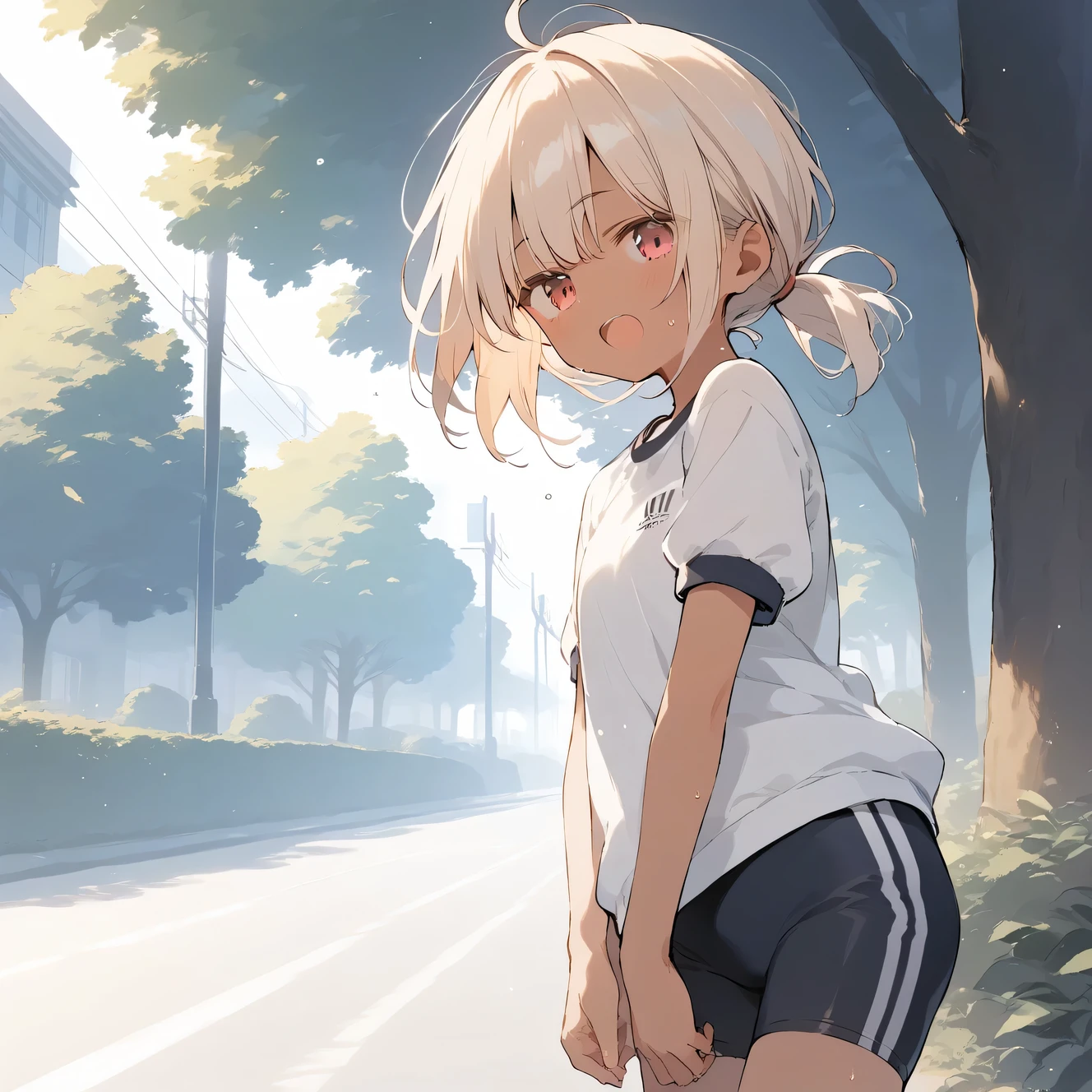 score_9, score_8_up, score_7_up, source_anime, best quality, masterpiece, official art, absurdres, highres, ultra-detailed,waifu2x,Collection: Slice of Life,break,1girl, tomboy, dark-skinned female, short hair, low ponytail, flat chest, beautiful detailed eyes, gym uniform, bike shorts, sweat, open mouth, (yawn:0.3), sleepily, outdoors, park, wind,break,(clear line illustration:1.2), super detailed skin,very high resolution, very aesthetic, Best sexual lighting powered by famous artist, 8k,cute picture,beauty illustration,photoshop_(medium),,(Detailed Lighting),best anime 8k konachan wallpaper, pixiv contest winner,
