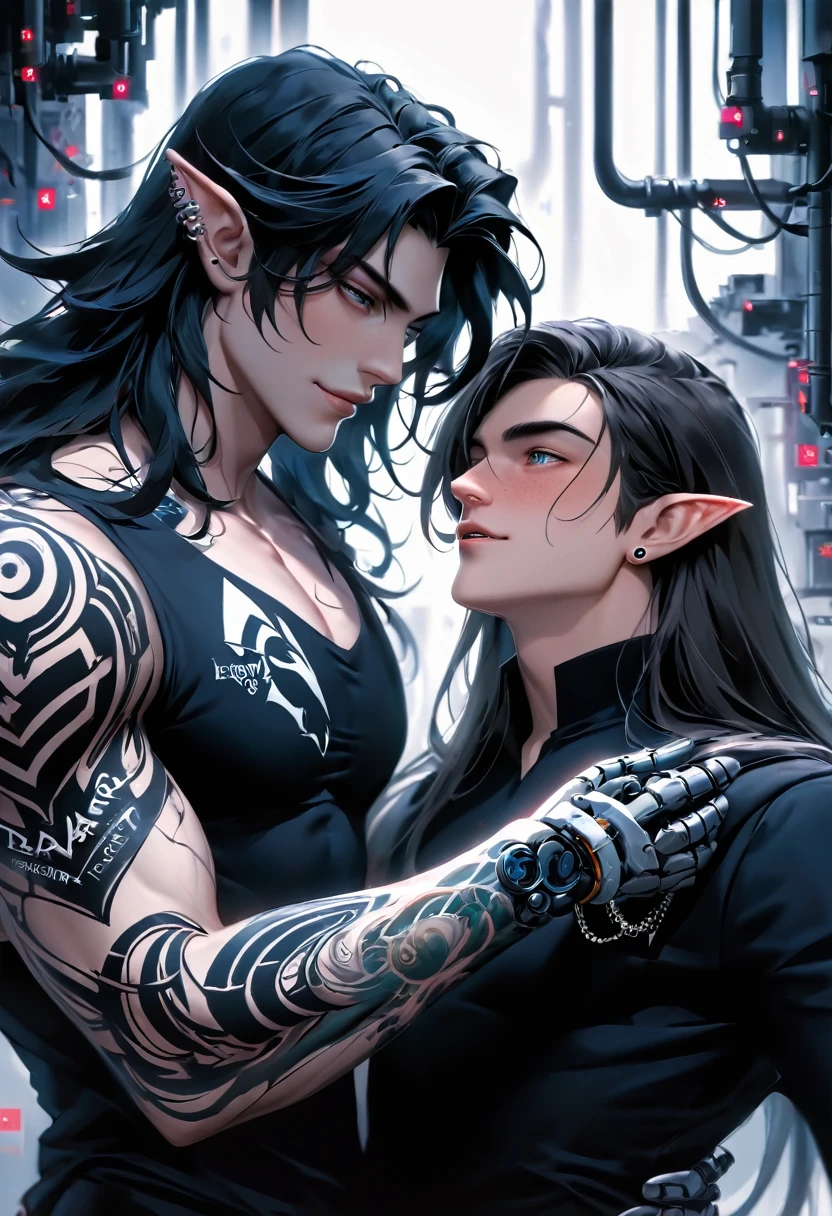 2 guys ethereal demonic 25 year old anime guy male druids, with metallic long hair, delicate masterpieceintimate delicate etched glowing neon tattoos, Fabulous full view painting of a winking beautiful and gorgeous elf ((male)) almostkissing, perfect face, blue/black pastel eyes, long white/black wisp hair, freckles, piercings and tattoo foil print neonbody art, laboratory experiment, perfect anatomy, centered, almost perfect, dynamic, very detailed, glowing, artstation, concept art, soft and sharp focus, art by Carne Griffiths and Wadim Kashin, airbrush graffiti techniques, high-definition accent lighting, epic, elven atmosphere, contrasted with vibrant paint colors., futuristic cyborg in the year 2950,