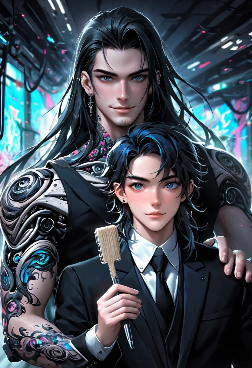 2 guys ethereal demonic 25 year old anime guy male druids, with metallic long hair, delicate masterpieceintimate delicate etched glowing neon tattoos, Fabulous full view painting of a winking beautiful and gorgeous elf ((male)) almostkissing, perfect face, blue/black pastel eyes, long white/black wisp hair, freckles, piercings and tattoo foil print neonbody art, laboratory experiment, perfect anatomy, centered, almost perfect, dynamic, very detailed, glowing, artstation, concept art, soft and sharp focus, art by Carne Griffiths and Wadim Kashin, airbrush graffiti techniques, high-definition accent lighting, epic, elven atmosphere, contrasted with vibrant paint colors., futuristic cyborg in the year 2950,