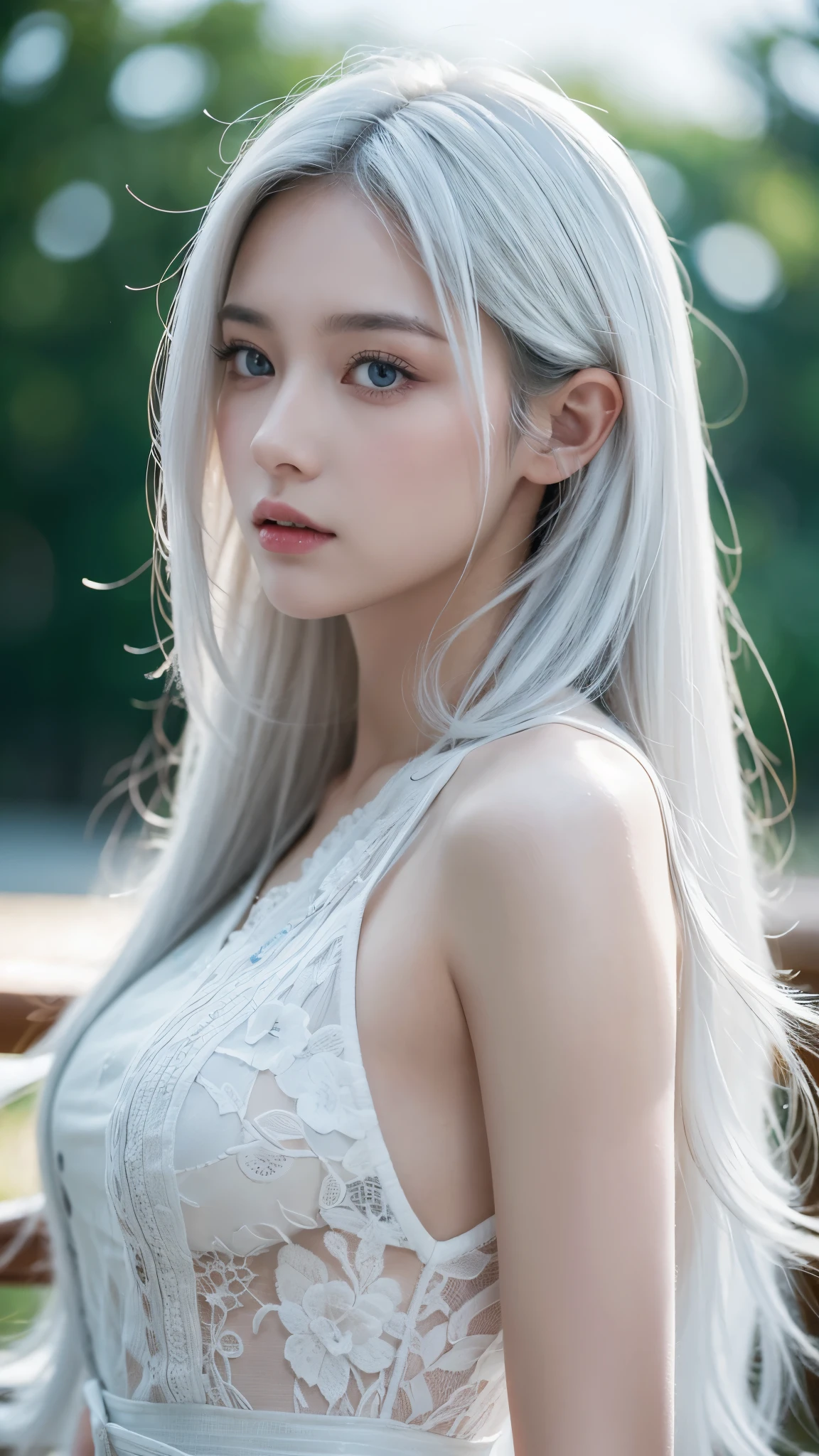 masterpiece, Highest quality, Very detailed, Lightning in the movie, Intricate details, High resolution, Official Art, Beautifully detailed face and eyes, High resolutionのイラスト, 8k, Depth of written boundary, Bokeh, alone, One girl, A girl with white hair and red eyes, Long white hair, Beautiful red eyes, Beautiful Landscape, Rainy Town, Upper Body, View your viewers, close