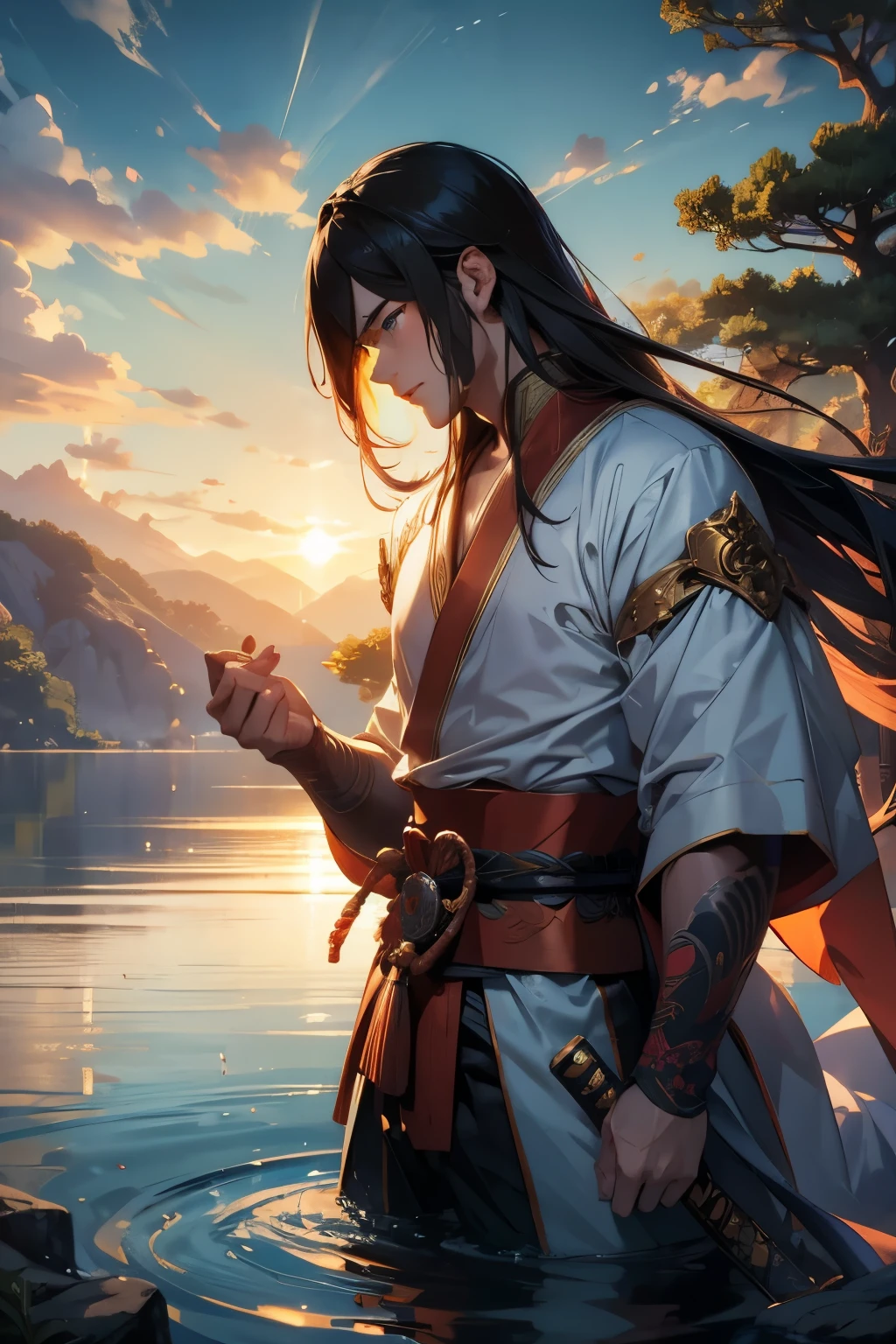 Takeminakata-no-kami、I have a sword。High resolution、High resolution、8k、The background is a lake。Masterpiece 2:1、A good-looking male god。It'in a blue kimono。The background is shiny
