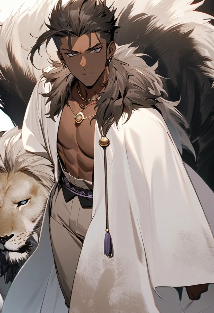 Handsome, solo, 1 male, African man,(((brown skin))), ((short wild true white hair)), gray eyes, no shirt, large shorts, tattoed indigo tribal, stylishly throwing the cape over the shoulder, ((white lion cloak)),