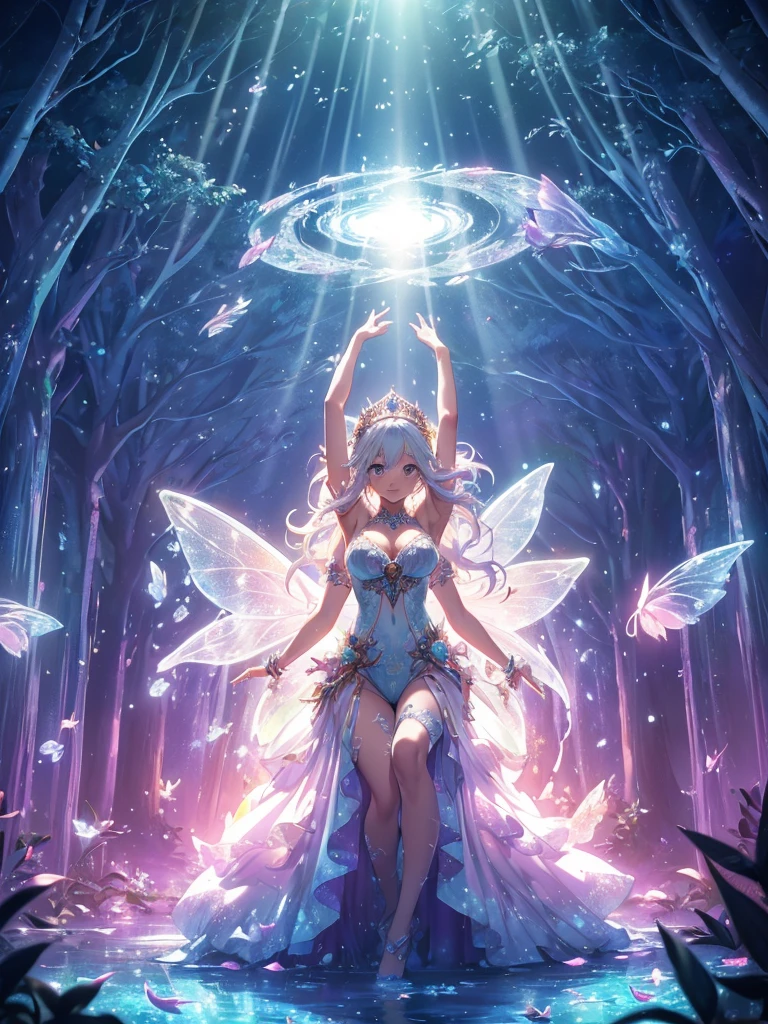 最high quality、1 woman elf on screen 、sexly, Beautifully decorated  dress、Beautiful foam、、CourtyardShining fairy wings、Flower fractal art　　Beautiful Nature　Crystal of snow、Blue Ice World　beautiful dress,　、Bigger on the screen((cowboy shot 　))　　　　、see-throughbodystocking,underwear,Beautiful radiance,High-definition depiction, Realistic, 8k, Unity, beautiful Shot, light smile, Beautifully and vividly drawn, , Beautiful, beautiful, clear skin、sexly,beautiful underwear,Countless rays of light pouring down, Swirling Light, Raise one arm above your head, Intense light is emitted from the magic circle in front of the girl.   forest、Lots of leaves、green leaves、Particles of light、at night、Magic Palace、Fairy tale、
Romanticism,((Cowboy Shot1.5)): The most beautiful form of chaos, Mr..々colour, Particle,magical gentle light,smile,sexly,image quality、masterpiece、Beautiful Face、Super beautiful elf woman((Big breasted 22 year old office lady、Bust 100,Beautiful long ironed hair 、bionde hair,height: 165cm。、sexly、ANDsbian、、high quality、、Visual art、、ANDlf ANDars、、universe、Happy smile、gentle light、ANDlf forest、elegant、ticker beautiful decorative、、magic、forest、beautiful tiara、Beautiful Landscape、A kind smile、wonderful、Fluttering petals、Dance happily、、Cultivate fantasy、、Mystery light　art、forest, palace, art,mystery,Ultra-high resolution,atmosphere A colorful and dreamy anime-style illustration of a young girl with beautiful hair,Beautiful Forest. surrounded by a kaleidoscope of colors and glowing lights. The background is filled with whimsical details and a magical atmosphere. --ar 3:4 --style raw --stylize 600 --niji 6、Throne Beautiful Aquarium
