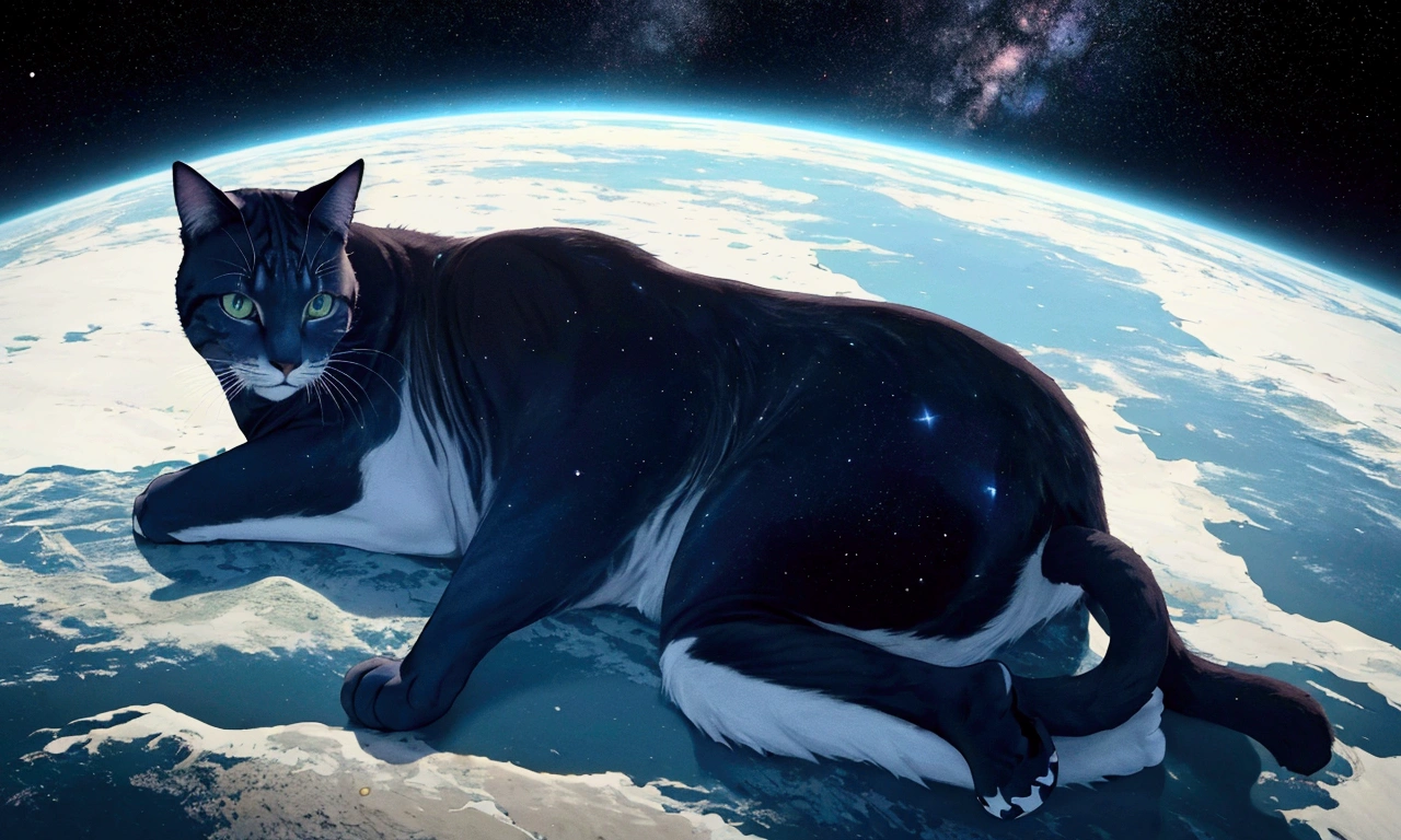 score_9,(best quality,4k,8k,highres,masterpiece:1.2),space,globe,a gigantic cat lying on the north pole, stars, cinematic angle, anime, ultra-detailed,vivid colors,