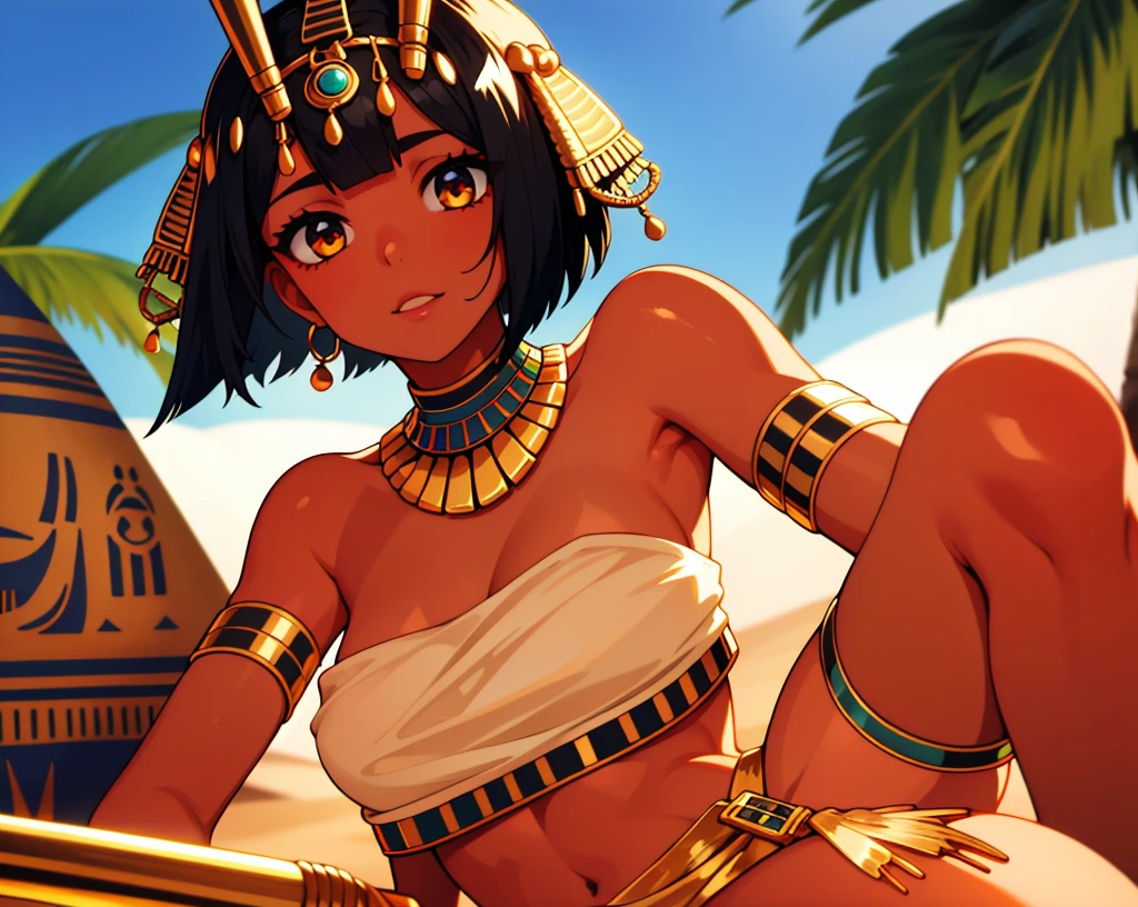 1girl, close to the camera, looking at the camera, tan skin, black bob hair, gold jewelry on her body, an Egyptian god, white loin cloth skirt, a white tube top