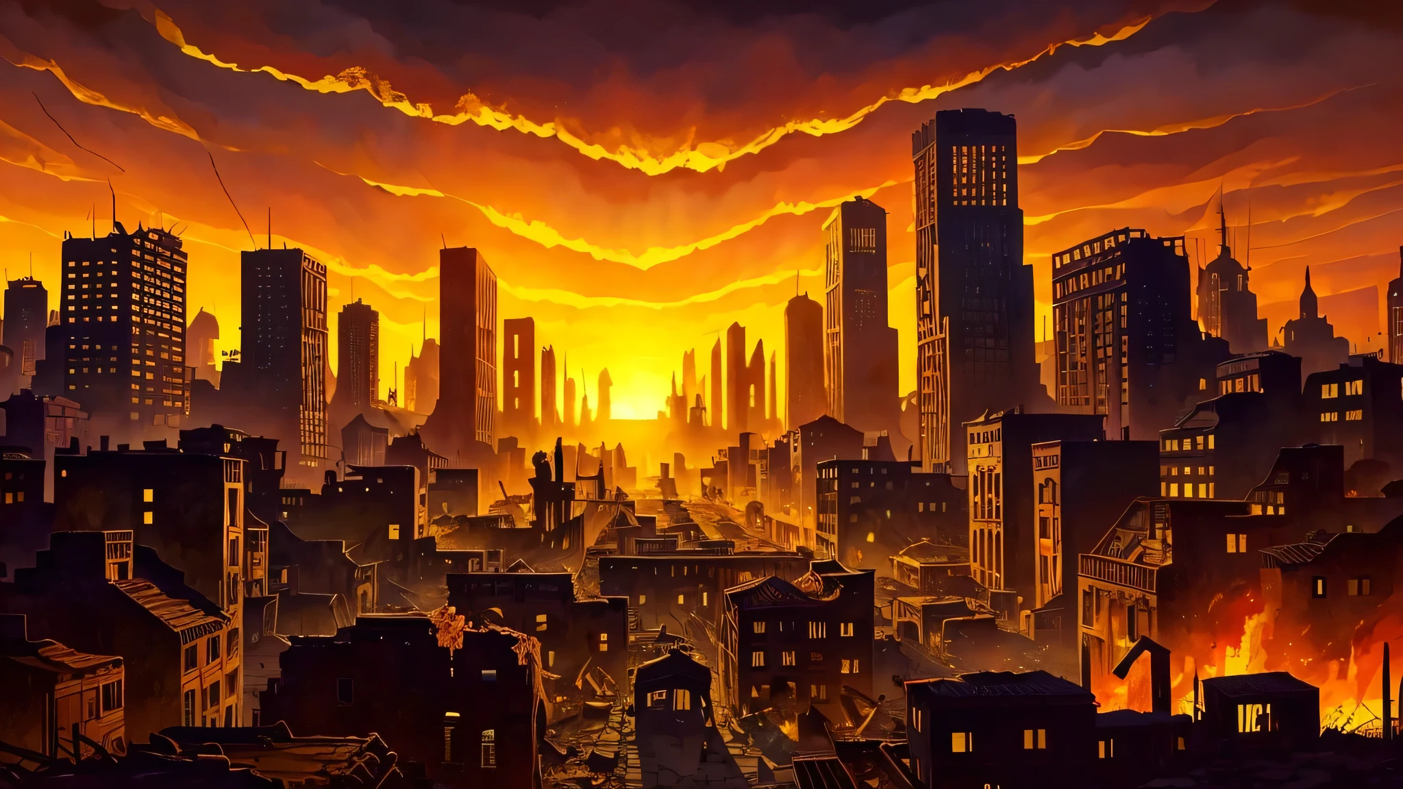 up close scene of ancient town of ruins, on fire, city destroyed, dark, post apocalyptic, artistic, city ruins in background, dark purples, reds, yellows, lots of active fire, abandoned city, burning, night time, really close up, in fire, gouache art style, painted, video game, different sized buildings