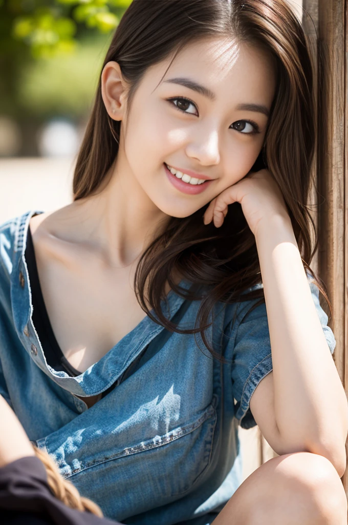 Pure young Japanese girl, wearing loose fashion, natural hair styles, impressive big brown eyes, no makeup, thick eyebrows, pure smile, refreshing in summer sunlight, feeling soft breeze in hair, sitting, relaxed pose, sexual attractive, professional portrait photography,
