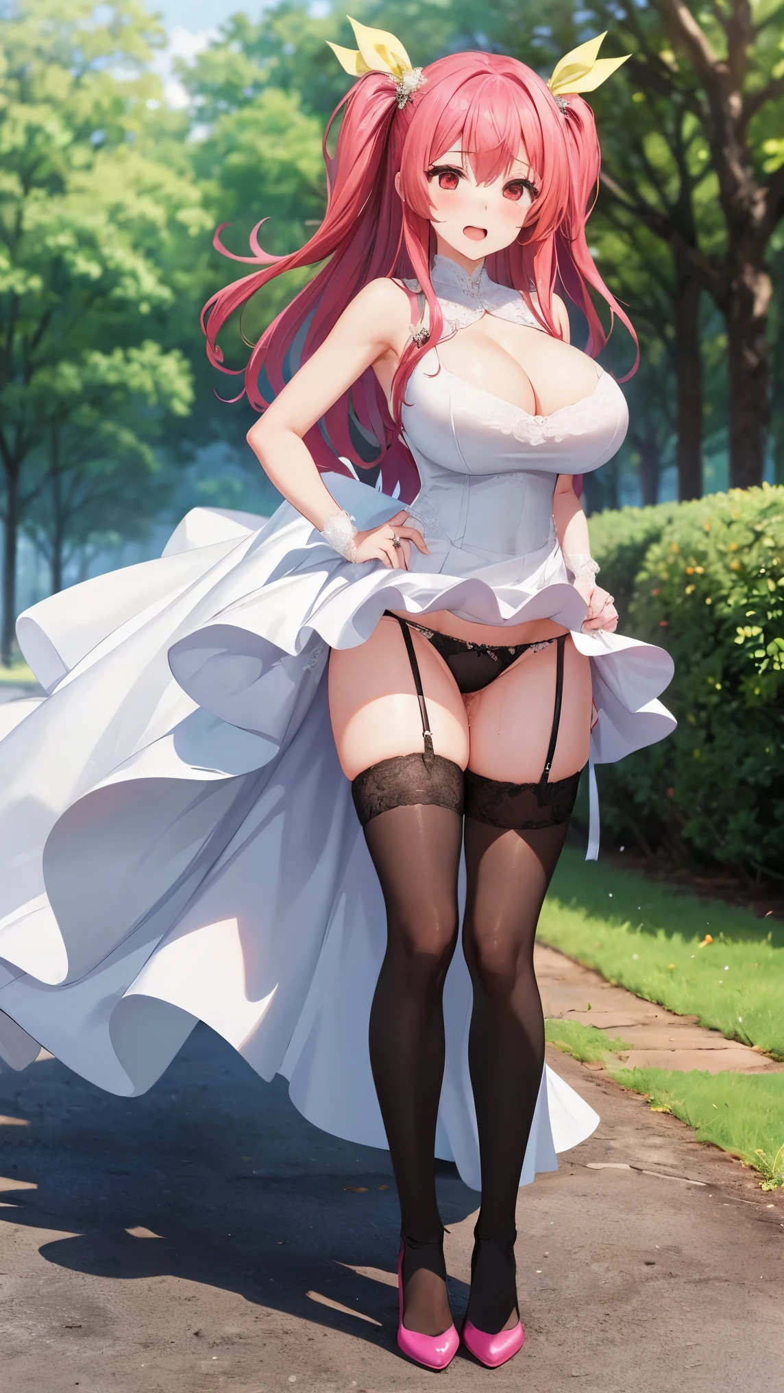 best quality,1girl,((big breasts:1.5)),curvy,orgasm,ahegao,blush,stella vermillion, 1girl, thighhighs, garter straps, ribbon, red eyes, long hair, yellow ribbon, red hair, hair ribbon, 独奏, hand on hip, two side up, pink hair, black thighhighs,((wedding dress:1.3)), outdoors, looking at viewer,mini skirt,((lift skirt,upskirt,black panties,lace panties)),black thighhighs,pussy juice,full body,forest,forest林,walking