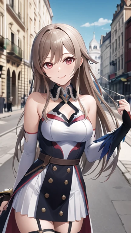 masterpiece, Best Quality, High resolution, fault 1, bridal gauntlets, black thighs, bare shoulders, belt, garter straps, White dress, elbow gloves, outdoor, smile, cowboy shot,