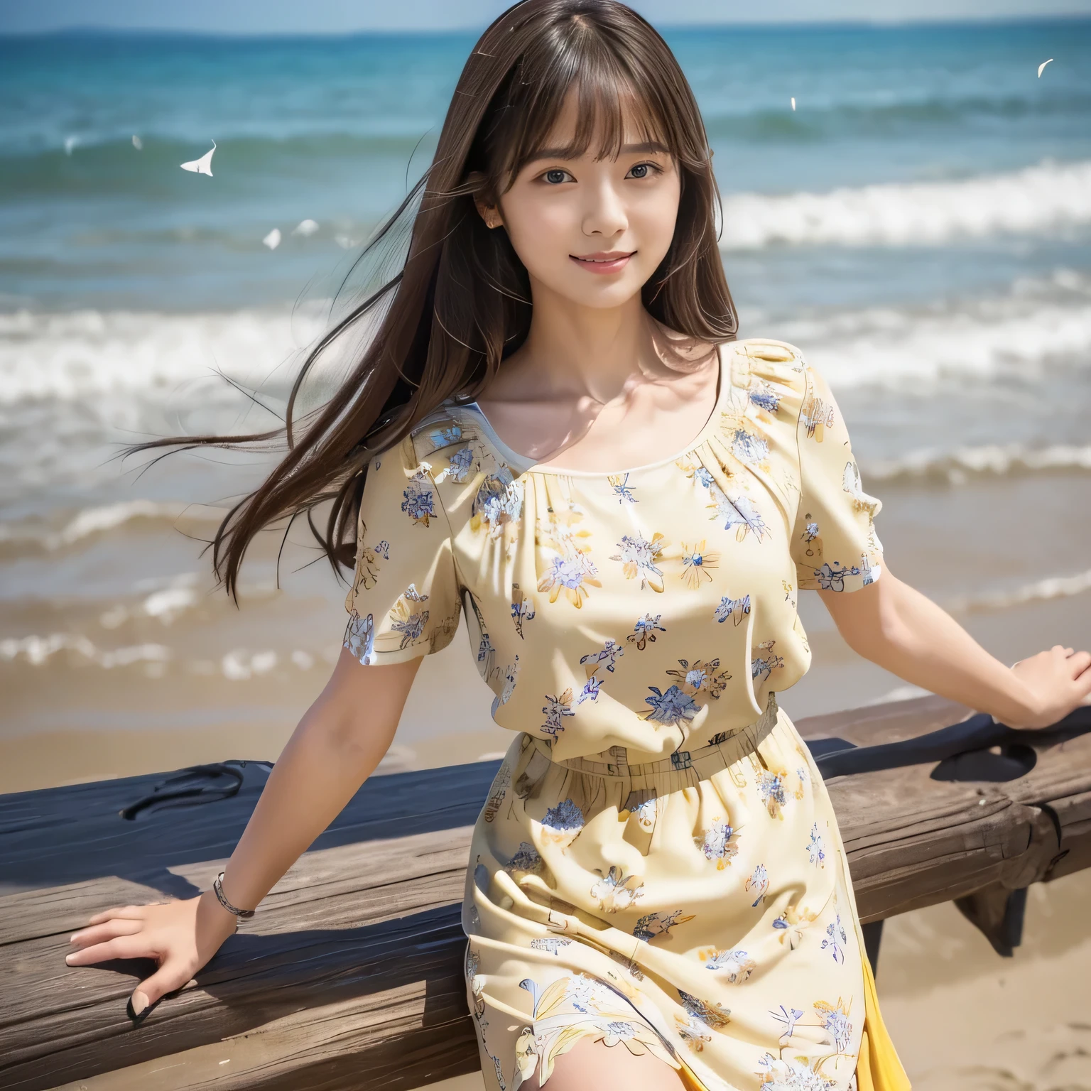 (Calm and gentle look:1.5), (Full Body Shot:1.3), (panorama:1.8), Cinema Lighting, ((Highest quality)), (RAW Photos, Highest quality), ( Realistic:1.4), realism, masterpiece, Very delicate and beautiful, Very detailed, 4K wallpaper, wonderful, finely, Very detailed CG unity 8k wallpaper, Very detailed, High resolution, Soft Light, Japanese, (one shot:1.9), (22 years old:1.6), (Round face:1.2), (Fat:0.8), (A neat and clean woman:1.5), Beautiful detailed woman,Famous Japanese actresses, Detailed face, finelyて美しい目, Very detailedな目と顔, Beautiful eyes and a beautifully detailed nose, Ultra HD glossy lips, (Straight Hair:1.4), Shiny Hair, Shiny Hair, Brown Hair, (bangs:1.4), Long, slender legs, Toned body, (Smiling:1.4), Natural Makeup, (LET IT PASS, floral pattern, Pale yellow, Short sleeve dress:1.8), (A very intricate and elaborately decorated dress:1.3), Accentuate your body lines, (pumps:1.2), (A model poses at the edge of the beach:1.4), (Deep blue midsummer sky, cumulonimbus, The ocean with a wide horizon:1.3), (Her hair and skirt fluttering in the breeze:1.5),