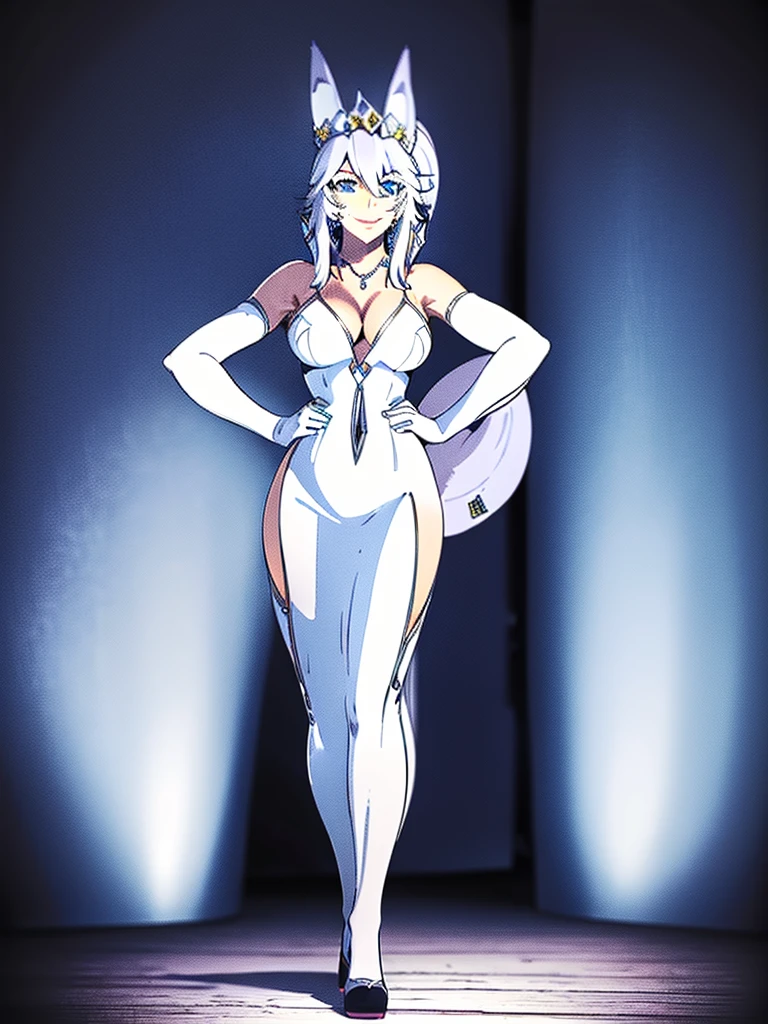 great quality ++ Extremely detailed high resolutionolution, very aesthetic, expressive eyes, (((Perfect face))), (((face symmetrical))), ((good anatomy)), (((perfect hands))), (((8k))), UHD, hd wallpaper, (((detailed high cal, (((((1girl)))))), only, Masterpiece, The best quality, high resolution, Highly detailed, (illustration), Beautiful detailed eyes, ((((full body))), (((solo))), (((((koyan-la1))))), (((smiling))), (((fusion))), (((agglutination))), (((Combination))), (((((White hair))))), (((blue eyes))), (((ponytail))), (((white dress))), (((jewelry))), (((necklace))), (((earrings))), only, jaeces, earrings, long hair, parody, (((scar))), (((scar ocular))), (((hair ornament))), (((hand on hip))), (((strolling))), Side ponytail, scar en la cara, Upper part of the body, (((fox tail))), (((fox ears))), (((tiara))), (((jewelry))), (((earrings))), (((neckline trimming))),
