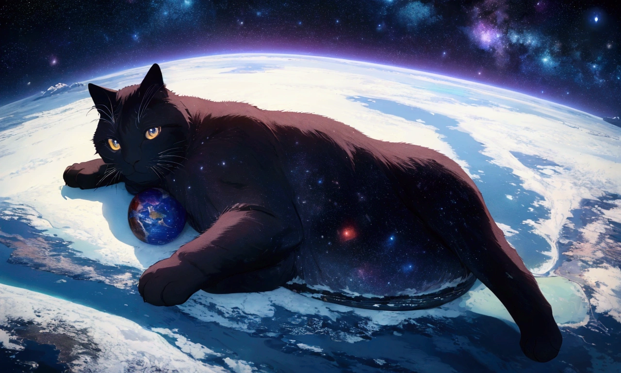 score_9,(best quality,4k,8k,highres,masterpiece:1.2),space,globe,a gigantic cat lying on the north pole, stars, cinematic angle, anime, ultra-detailed,vivid colors,