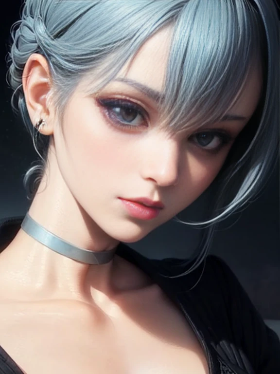 Depth of bounds written, detailed eye, ((CG illustration)), ((face focus)), ((masterpiece)), ((8K)), ((super detailed)), ((Super high quality)), ((cinematic)), ((Photoreal)), ((close up shot)), (solo), (cool girl), very long hair, straight hair, (((thin body))), Glossy skin, ((look away)), (Beautiful goth girl with high cheeks and legs), Gothic makeup, clear eyes, lipstick, dark eye shadow, ((No bra)), choker, earrings, provoke, night, ((full moon)), ((Functional)), Lonely, Visual kei, ((pastel colour)), Unwound clothes, forget, kiss, White Knight, dark, silence