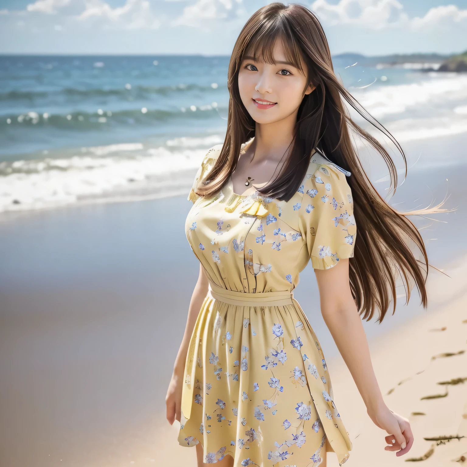 (Calm and gentle look:1.5), (Full Body Shot:1.3), (panorama:1.8), Cinema Lighting, ((Highest quality)), (RAW Photos, Highest quality), ( Realistic:1.4), realism, masterpiece, Very delicate and beautiful, Very detailed, 4K wallpaper, wonderful, finely, Very detailed CG unity 8k wallpaper, Very detailed, High resolution, Soft Light, Japanese, (one shot:1.9), (22 years old:1.6), (Round face:1.2), (Fat:0.8), (A neat and clean woman:1.5), Beautiful detailed woman,Famous Japanese actresses, Detailed face, finelyて美しい目, Very detailedな目と顔, Beautiful eyes and a beautifully detailed nose, Ultra HD glossy lips, (Straight Hair:1.4), Shiny Hair, Shiny Hair, Brown Hair, (bangs:1.4), Long, slender legs, Toned body, (Smiling:1.4), Natural Makeup, (LET IT PASS,  floral pattern, Pale yellow, Short sleeve dress:1.8), (A very intricate and elaborately decorated dress:1.3), Accentuate your body lines, (pumps:1.2), (A model poses at the edge of the beach:1.4), (Deep blue midsummer sky, cumulonimbus, The ocean with a wide horizon:1.3), (Hair and skirt fluttering in the wind:1.5), 