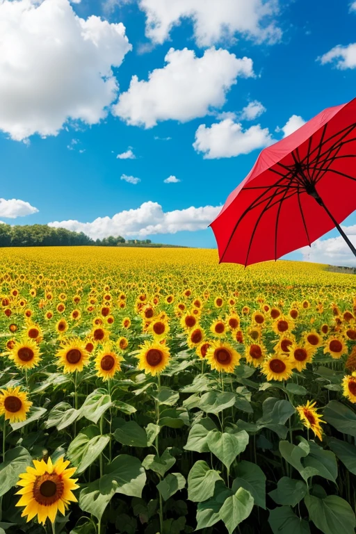 blue sky　　Sunflower field　　Red Umbrella