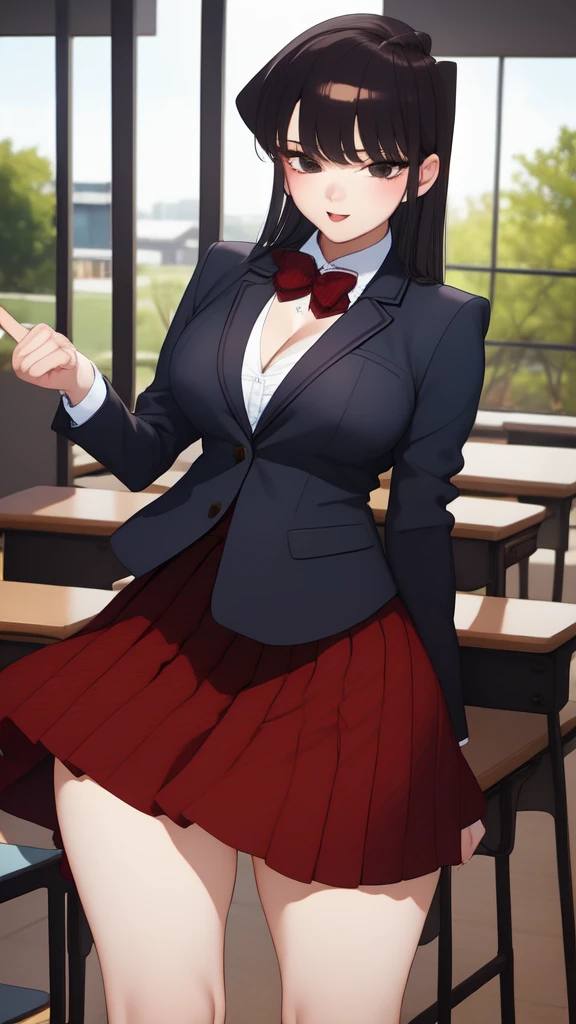 1girl, cowboy shot, classroom,
komi_shouko, black eyes, black hair, long hair, , red bowtie, jacket, blazer, long sleeves, striped, pleated skirt, red skirt, black pantyhose, best quality, masterpiece, highres, nude busty breasts , nipples showing, cleavage, sexy