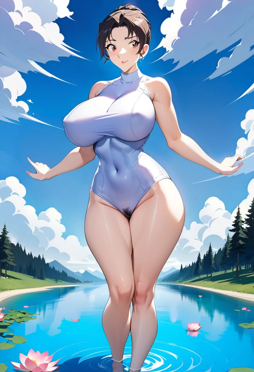 1female,45 yers old,Married woman,legs long, a slender waist, photo exposure, solo,(Background with:lake,lotus flower,at a forest) She has short black hair,standing in water,Viewed from the frontage, sky with many clouds,(((tmasterpiece),(Very detailed CG unified 8k wallpaper),Best quality,light,detailed back ground,beautiful pupil,(very delicate beautiful),(Beautiful and detailed eyes description),ultra - detailed,tmasterpiece,))Redlip,Snow-white skin,a little bit chubby,pubic hair very large,facing at the camera,A high resolution,ultra - detailed),Revealed,Very huge,Big breasts that expose the,, Convex,Camel toes,(dressed in:,White transparent vest,shorter pantacing at the camera,frontage