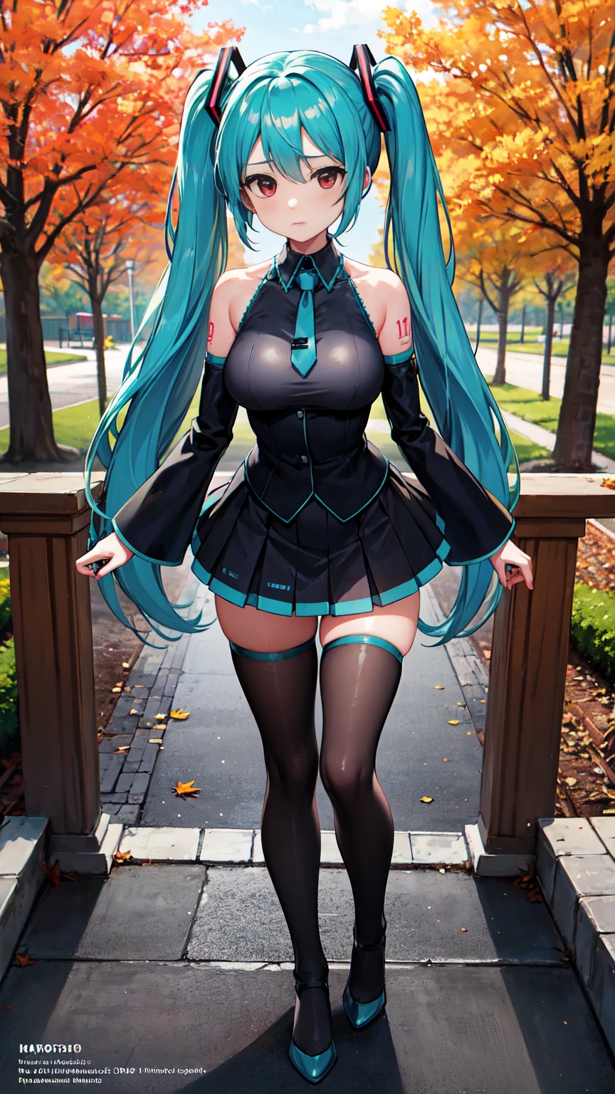 masterpiece, best quality, ultra detailed, woman, sad, standing, in the park, アニメ, VFX、One girl, alone, (hatsune miku), Big Breasts, Aqua Hair, Red Eye, Twin tails, Princess Knight、Medieval Armor、armor color is black、Fall into Darkness、disaster々A good appearance、High heels、Black Stockings、Noise Reduction, Tabletop、Exquisite design、Visual Arts、Concept Artist、Five Fingers, Perfect body, {{{masterpiece}}}, {{{Highest quality}}}, {{Very detailed}}, {shape}, {{Very delicate and beautiful}},Improved cost performance、All Roles、Canon 5D MK4でphotograph、photograph, 8K Illustration