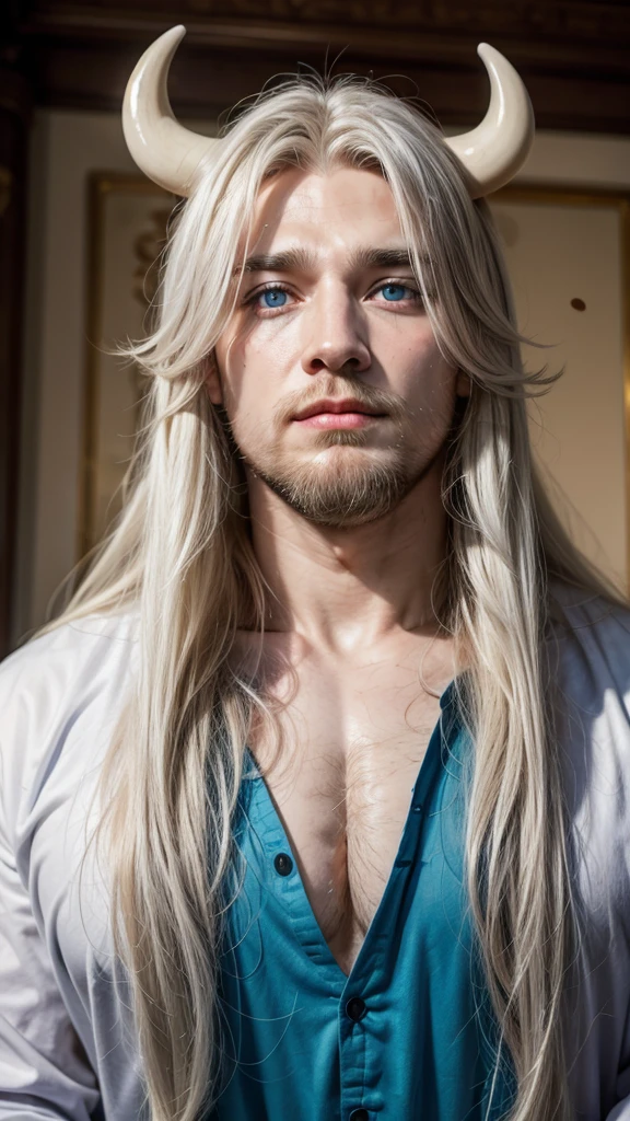 Cow, tall, royal clothes, huge chest, long white hair, bright blue eyes, short beard
