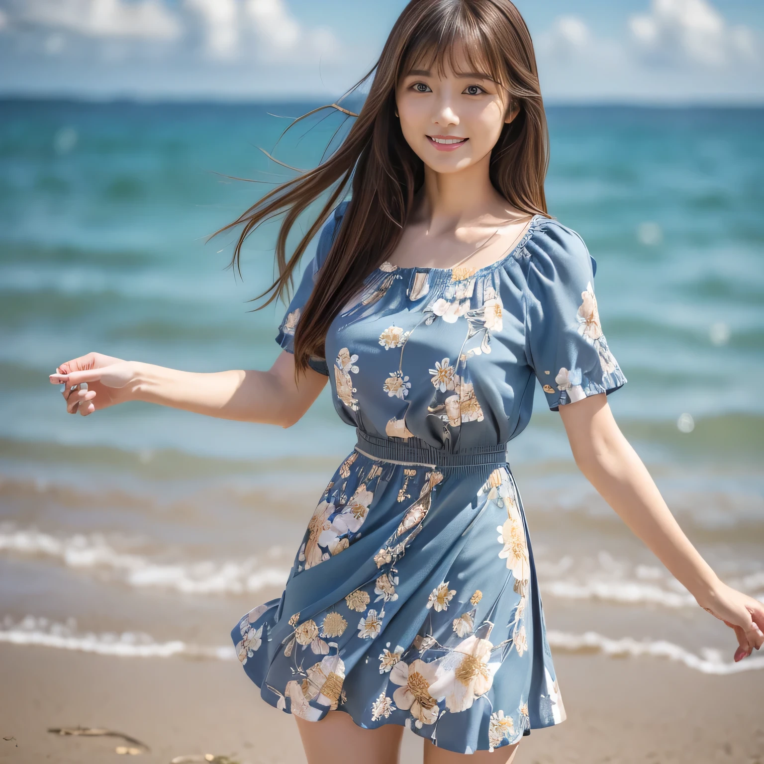 (Calm and gentle look:1.5), (Full Body Shot:1.3), (panorama:1.8), Cinema Lighting, ((Highest quality)), (RAW Photos, Highest quality), ( Realistic:1.4), realism, masterpiece, Very delicate and beautiful, Very detailed, 4K wallpaper, wonderful, finely, Very detailed CG unity 8k wallpaper, Very detailed, High resolution, Soft Light, Japanese, (one shot:1.9), (22 years old:1.6), (Round face:1.2), (Fat:0.8), (A neat and clean woman:1.5), Beautiful detailed woman,Famous Japanese actresses, Detailed face, finelyて美しい目, Very detailedな目と顔, Beautiful eyes and a beautifully detailed nose, Ultra HD glossy lips, (Straight Hair:1.4), Shiny Hair, Shiny Hair, Brown Hair, (bangs:1.4), Long, slender legs, Toned body, (Smiling:1.4), Natural Makeup, (LET IT PASS, floral pattern, Kinari color, Short sleeve dress:1.8), (A very intricate and elaborately decorated dress:1.3), Accentuate your body lines, (pumps:1.2), (A model poses at the edge of the beach:1.4), (Deep blue midsummer sky, cumulonimbus, The ocean with a wide horizon:1.3), (Hair and skirt fluttering in the wind:1.5),