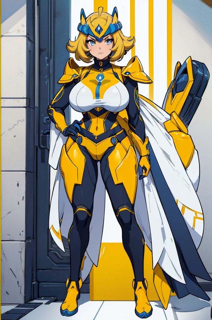 (masterpiece, best quality, high resolution, (pokemon style) ((big breasts)) a woman, full body yellow sentai heroine armor, yellow sentai armor helmet((white background,)), ((full body standing)) ,
