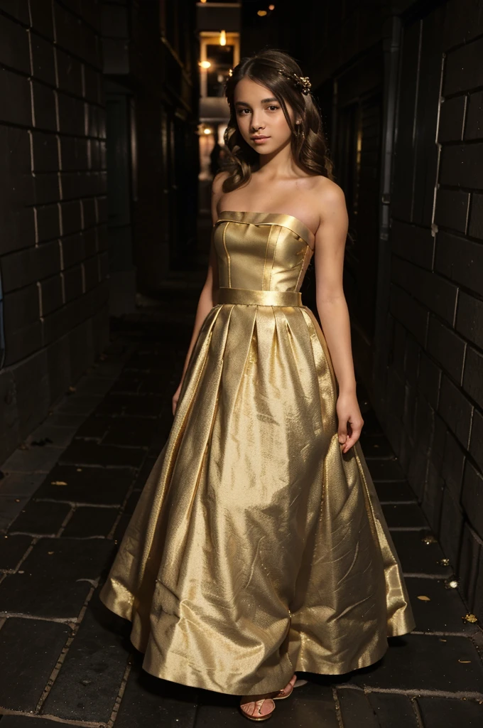 (-yeld-gi)((tween girlwearing a ((long, floor length, gold strapless evening dress)), and black tights standing in a ((Dark alleyway)), at night) ((head to toe view))((full body view)) ((long wedding hairstyle))