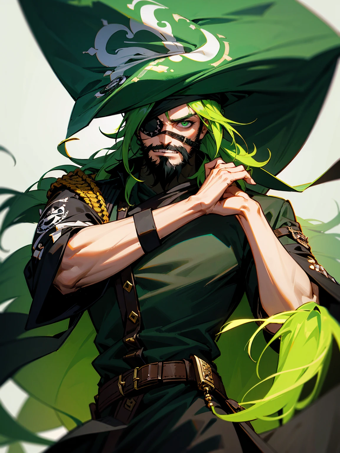 1male, green skin, long black beard, green dreads, pirate outfit, eyepatch