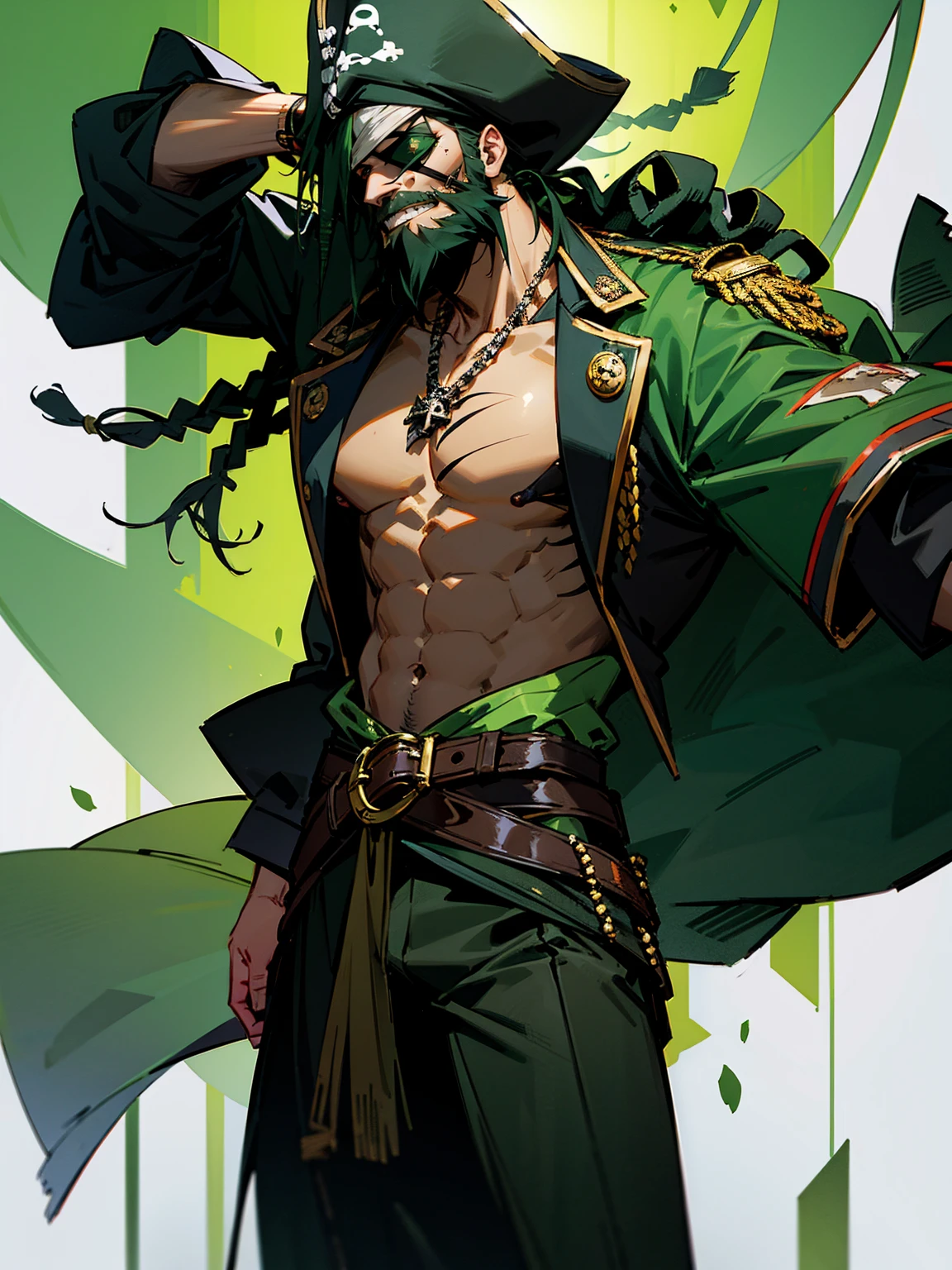 1male, green skin, long black beard, green dreads, pirate outfit, eyepatch