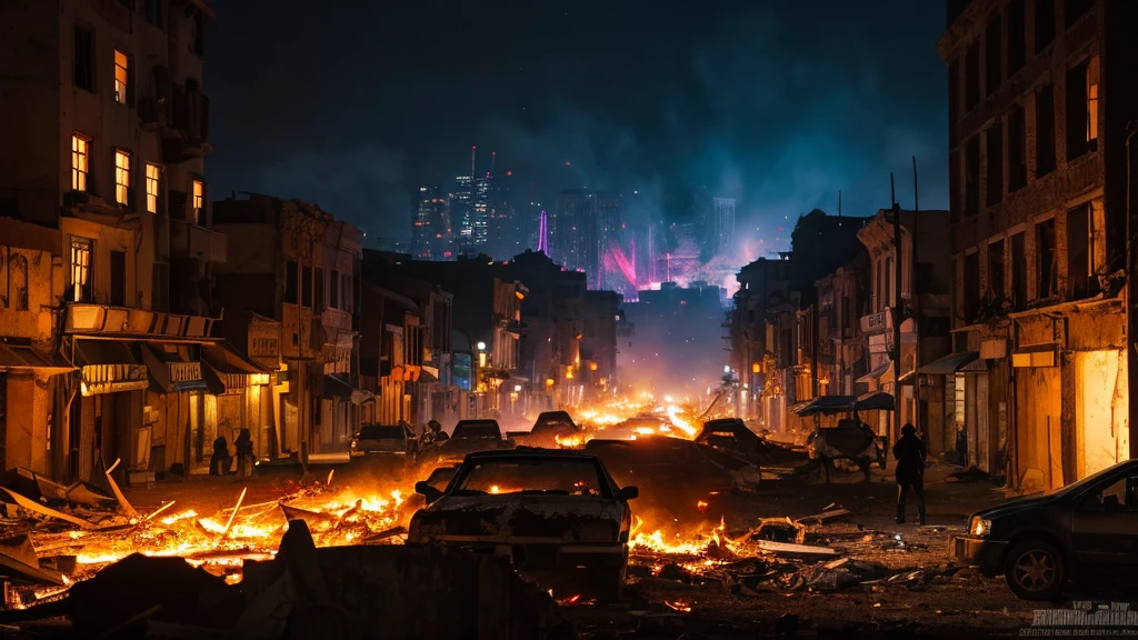 up close scene of ancient town of ruins, on fire, city destroyed, dark, post apocalyptic, artistic, city ruins in background, dark purples, magentas, reds, yellows, lots of active fire, abandoned city, burning, night time, really close up view, in fire, gouache art style, painted, video game, different sized buildings, street view,