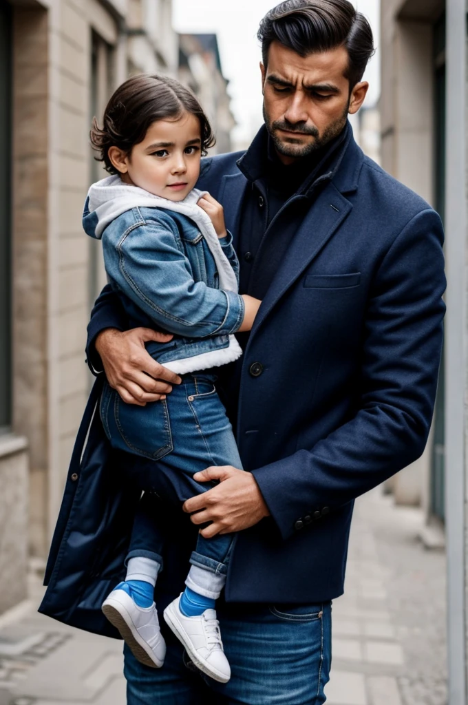 Homem de oculos, Black shirt, white stripes and woman sitting with a 2 year old baby girl, roupas de cor quente, wearing a sweater, sweater, cores quentes e aconchegantes, family portrait, Happy family, em estilo de ultra realista, wearing sweater, retrato de alta qualidade, marido esposa e filho, roupas intrincadas, made of wool, portrait of family of three, camisola castanha, he is wearing a brown sweater, estilo