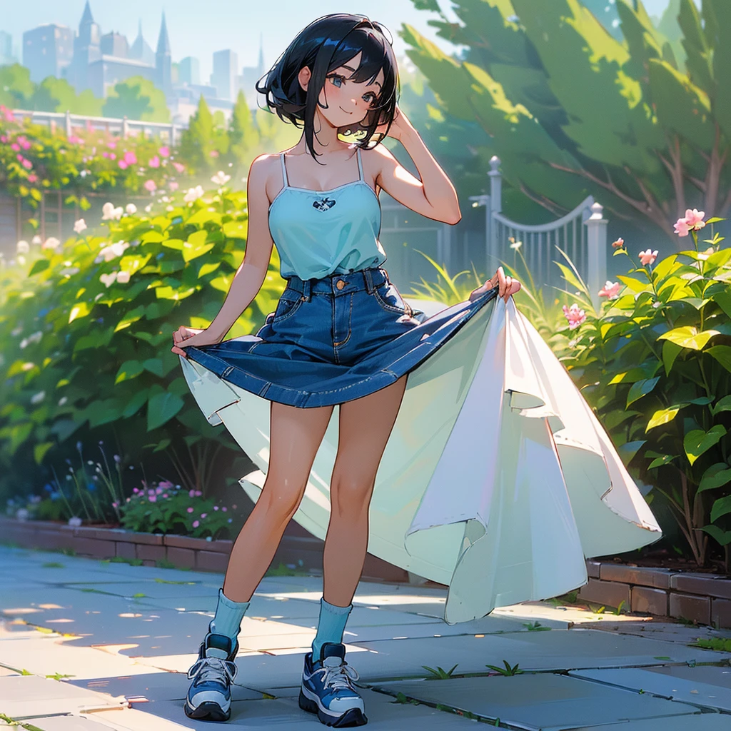 (high quality, High resolution, Very detailed, reality:1.37), Peaceful atmosphere, (Outdoor, garden), Teenage girl standing alone, (my breasts are big.), Beautiful details, Cute Smile, (Black bob hair), camisole, Denim skirt, Blue socks, sneakers.