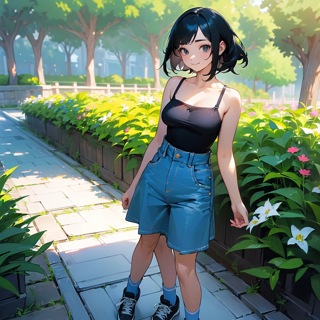 (high quality, High resolution, Very detailed, reality:1.37), Peaceful atmosphere, (Outdoor, garden),  girl standing alone, (my breasts are big.), Beautiful details, Cute Smile, (Black bob hair), camisole, Denim skirt, Blue socks, sneakers.