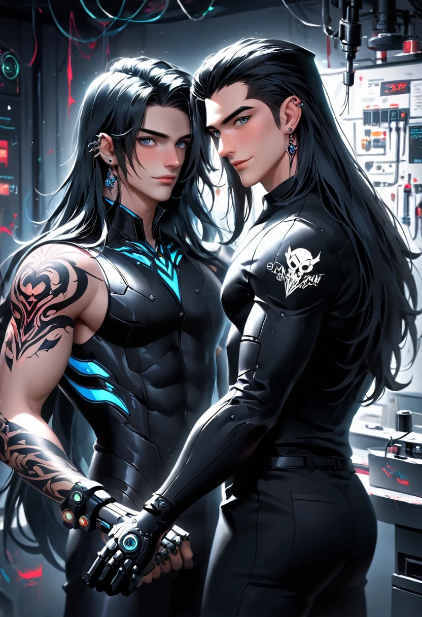 2 guys ethereal demonic 25 year old anime guy male druids, with metallic long hair, delicate masterpieceintimate delicate etched glowing neon tattoos, Fabulous full view painting of a winking beautiful and gorgeous elf ((male)) almostkissing, perfect face, blue/black pastel eyes, long white/black wisp hair, freckles, piercings and tattoo foil print neonbody art, laboratory experiment, perfect anatomy, centered, almost perfect, dynamic, very detailed, glowing, artstation, concept art, soft and sharp focus, art by Carne Griffiths and Wadim Kashin, airbrush graffiti techniques, high-definition accent lighting, epic, elven atmosphere, contrasted with vibrant paint colors., futuristic cyborg in the year 2950,