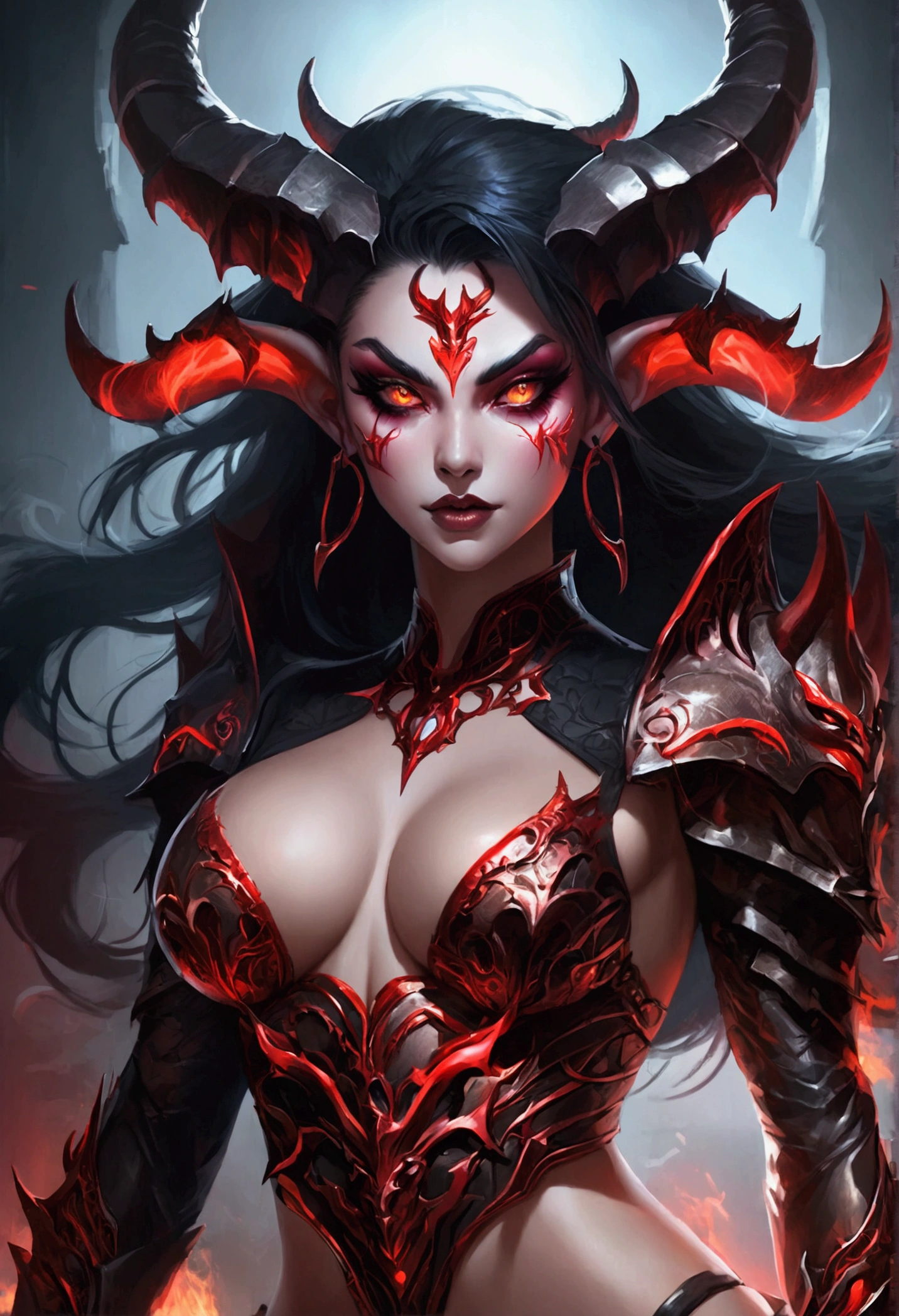 Create an image of a stunningly beautiful gorgeous perfect sexy evil sadistic demon girl, detailed perfect gorgeous face, detailed vibrant eyes, full body view, large demonic horns, long tail, heavy metal bikini armor,