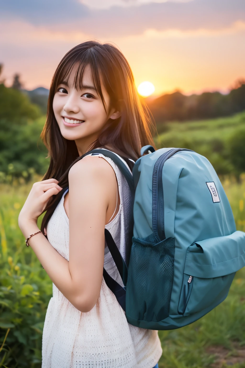 29-year-old woman、 Close-up、Small breasts、White skin、 Smiling Japanese model、 Cute gravure idol、 Young Gravure Idol、 若くてCute gravure idol、 リアルにCute gravure idol、 笑顔がCute gravure idol、 A sophisticated gravure idol、Carry a backpack、Mountain Girl、Beautiful sunset in the background、