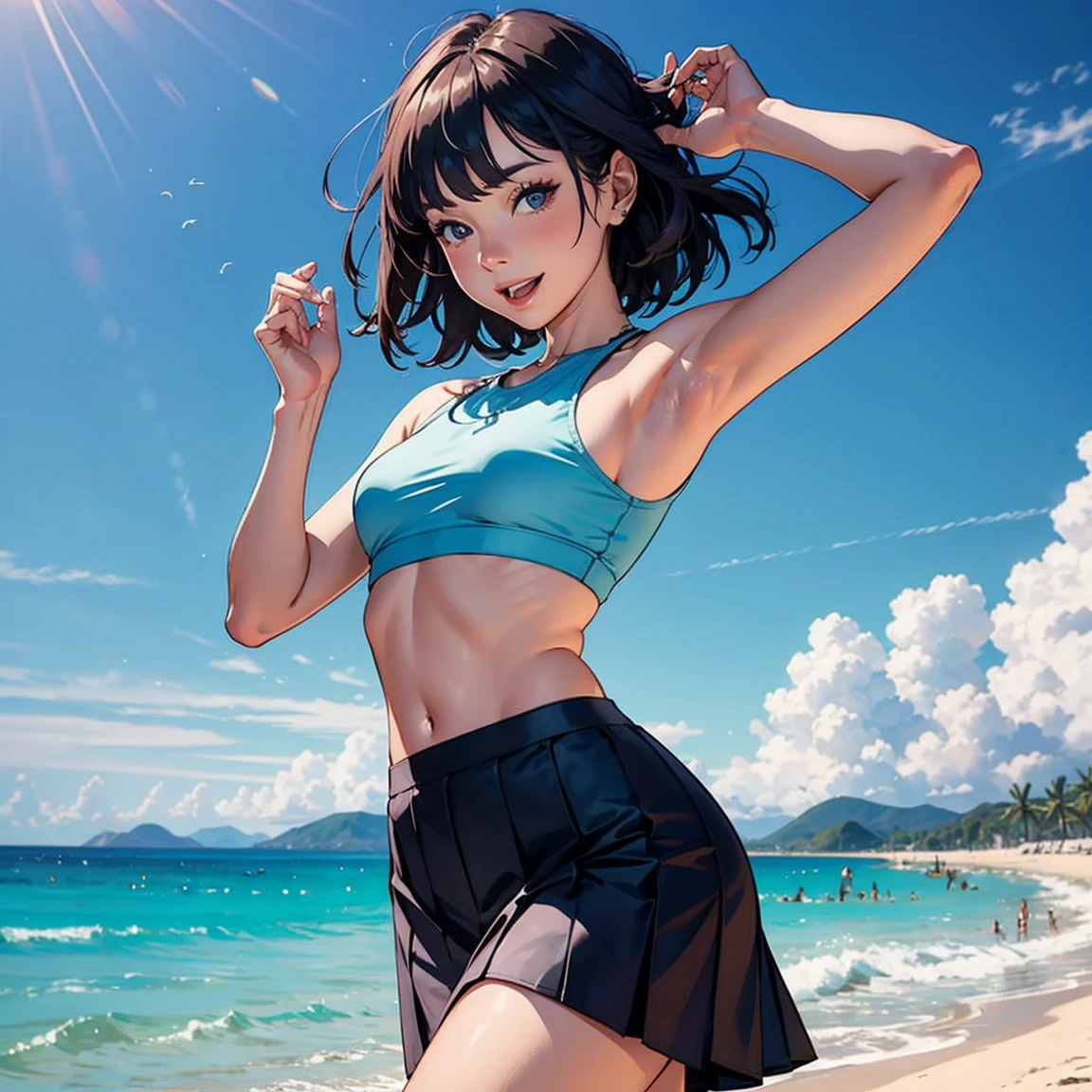 Woman dancing happily on the beach in a skirt and small top