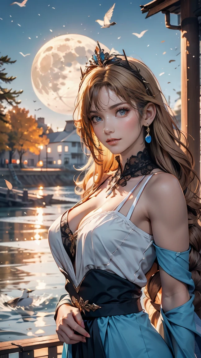,((Highest quality))),8k,((masterpiece)),(Very sophisticated and beautiful), A girl emerges from the sea, The Swan Princess of Russian Mythology, Beautiful calm face, blue eyes, Long blonde hair braided, Moon braid at the back of the head, With a kokoshnik crown on his head、White and shiny old Russian clothing, Loving eyes, Half-laugh, There was a gentle look on his face, Background seascape and sunlight, Seagulls in the sky, full length, realism