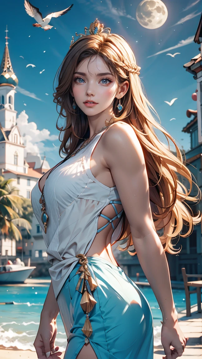 ,((Highest quality))),8k,((masterpiece)),(Very sophisticated and beautiful), A girl emerges from the sea, The Swan Princess of Russian Mythology, Beautiful calm face, blue eyes, Long blonde hair braided, Moon braid at the back of the head, With a kokoshnik crown on his head、White and shiny old Russian clothing, Loving eyes, Half-laugh, There was a gentle look on his face, Background seascape and sunlight, Seagulls in the sky, full length, realism