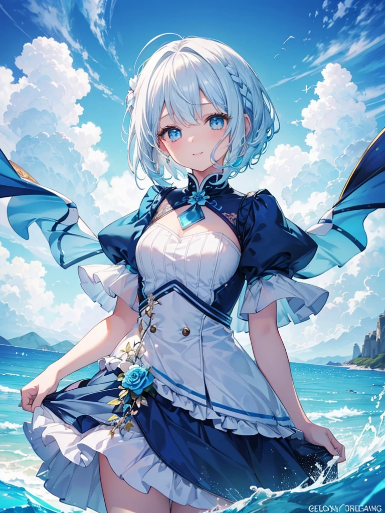 (Ultra Quality figure), Ultra detailed,((Top quality)),beautiful girl, (short white sky hair), ((braided short hair)), her eyes is shining , (highly detailed beautiful eyes), charming smile, Fantasy atmosphere feeling,blue sea scenary,((Flower dream invited blue ocean )) (storm spring)kawaii figure