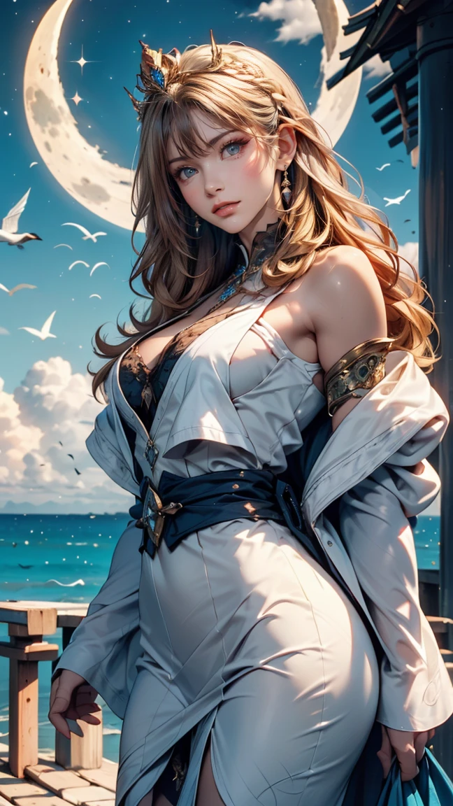,((Highest quality))),8k,((masterpiece)),(Very sophisticated and beautiful), A girl emerges from the sea, The Swan Princess of Russian Mythology, Beautiful calm face, blue eyes, Long blonde hair braided, Moon braid at the back of the head, With a kokoshnik crown on his head、White and shiny old Russian clothing, Loving eyes, Half-laugh, There was a gentle look on his face, Background seascape and sunlight, Seagulls in the sky, full length, realism