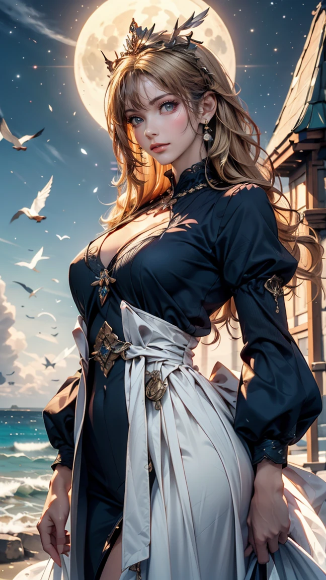 ,((Highest quality))),8k,((masterpiece)),(Very sophisticated and beautiful), A girl emerges from the sea, The Swan Princess of Russian Mythology, Beautiful calm face, blue eyes, Long blonde hair braided, Moon braid at the back of the head, With a kokoshnik crown on his head、White and shiny old Russian clothing, Loving eyes, Half-laugh, There was a gentle look on his face, Background seascape and sunlight, Seagulls in the sky, full length, realism